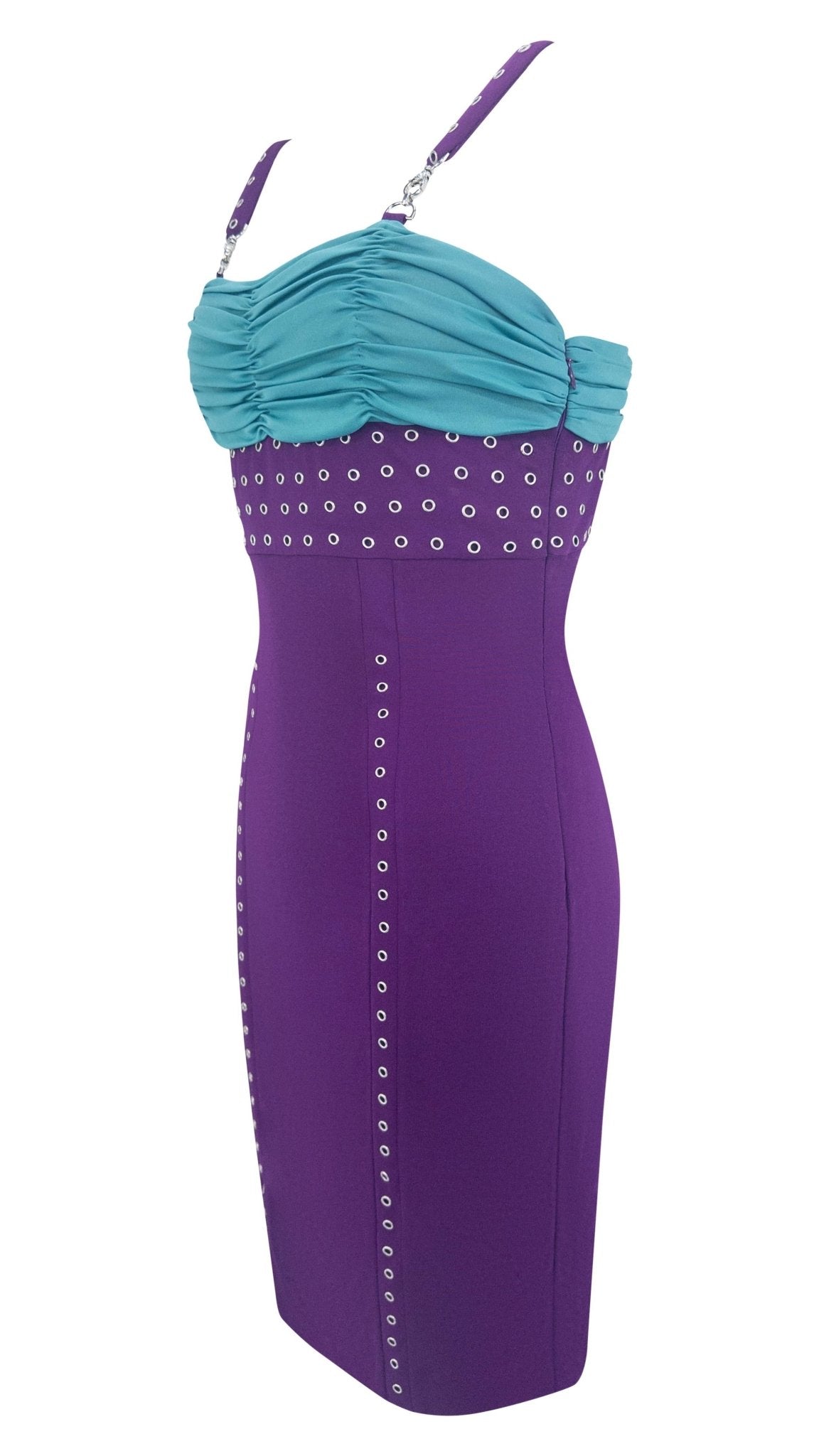 S/S 2003 Gianni Versace by Donatella Runway Purple Metal Eyelet Bodycon Dress - RealList