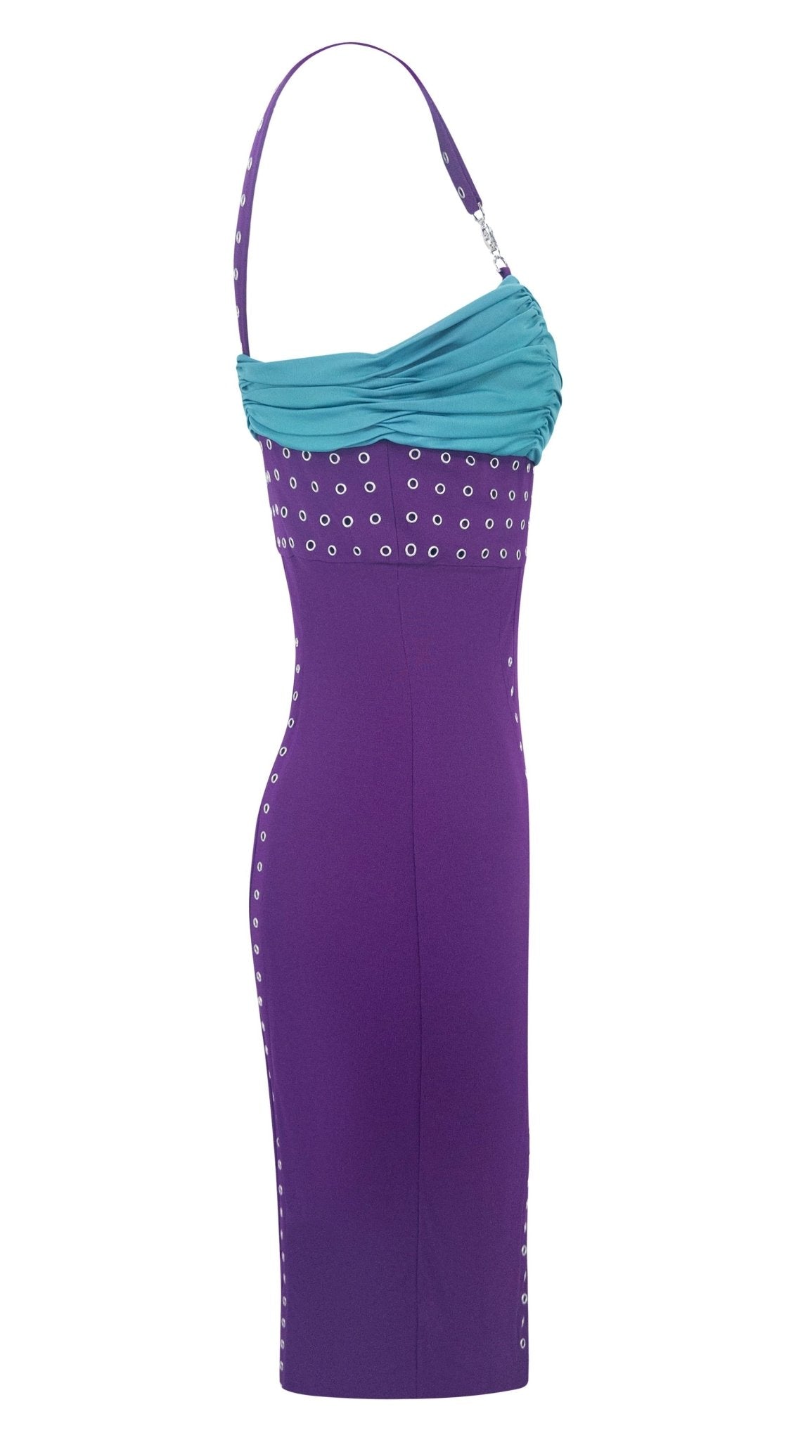 S/S 2003 Gianni Versace by Donatella Runway Purple Metal Eyelet Bodycon Dress - RealList