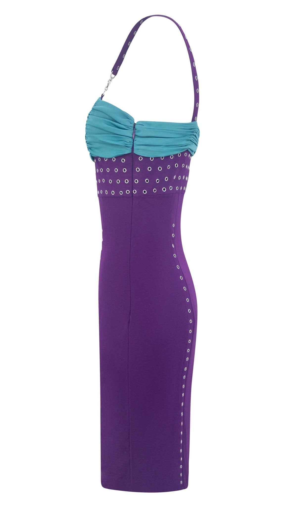 S/S 2003 Gianni Versace by Donatella Runway Purple Metal Eyelet Bodycon Dress - RealList