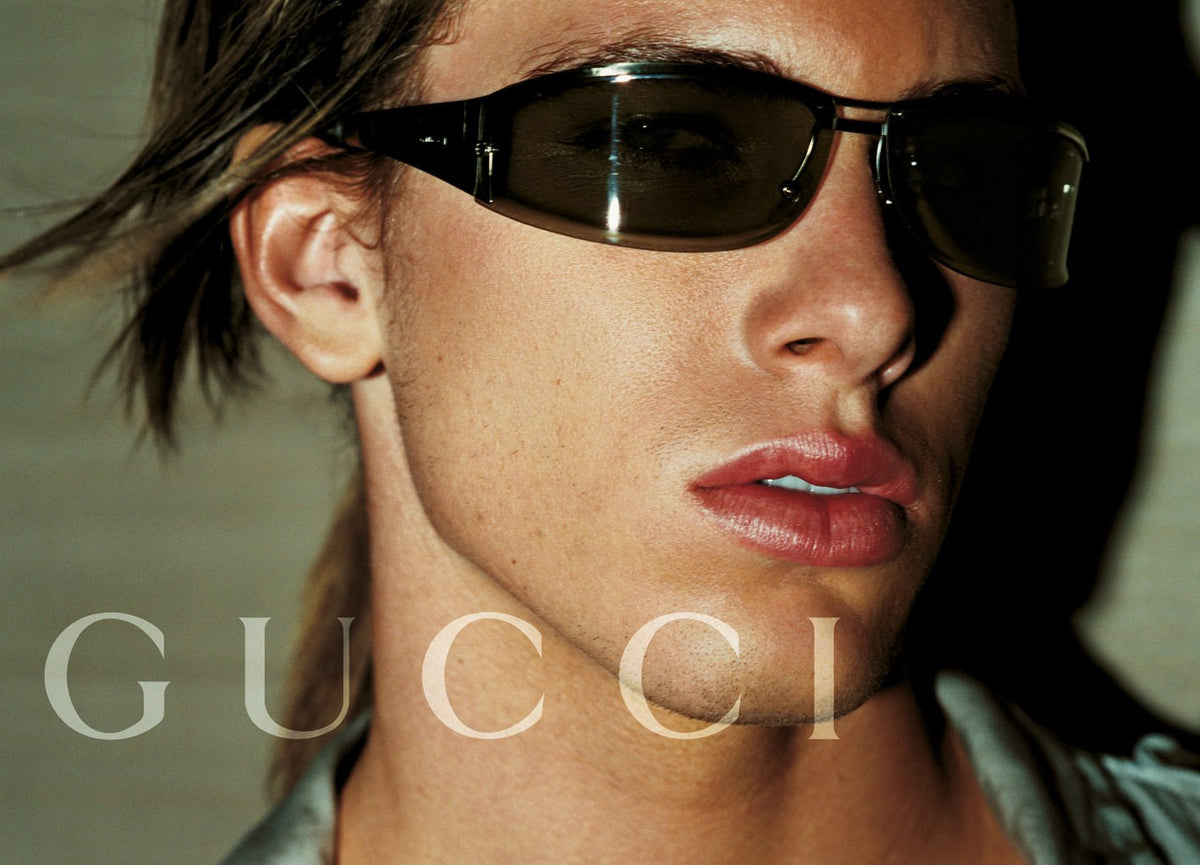 S/S 2003 Gucci by Tom Ford Ad Matte Brown Metal Frame Wrap Sunglasses - RealList