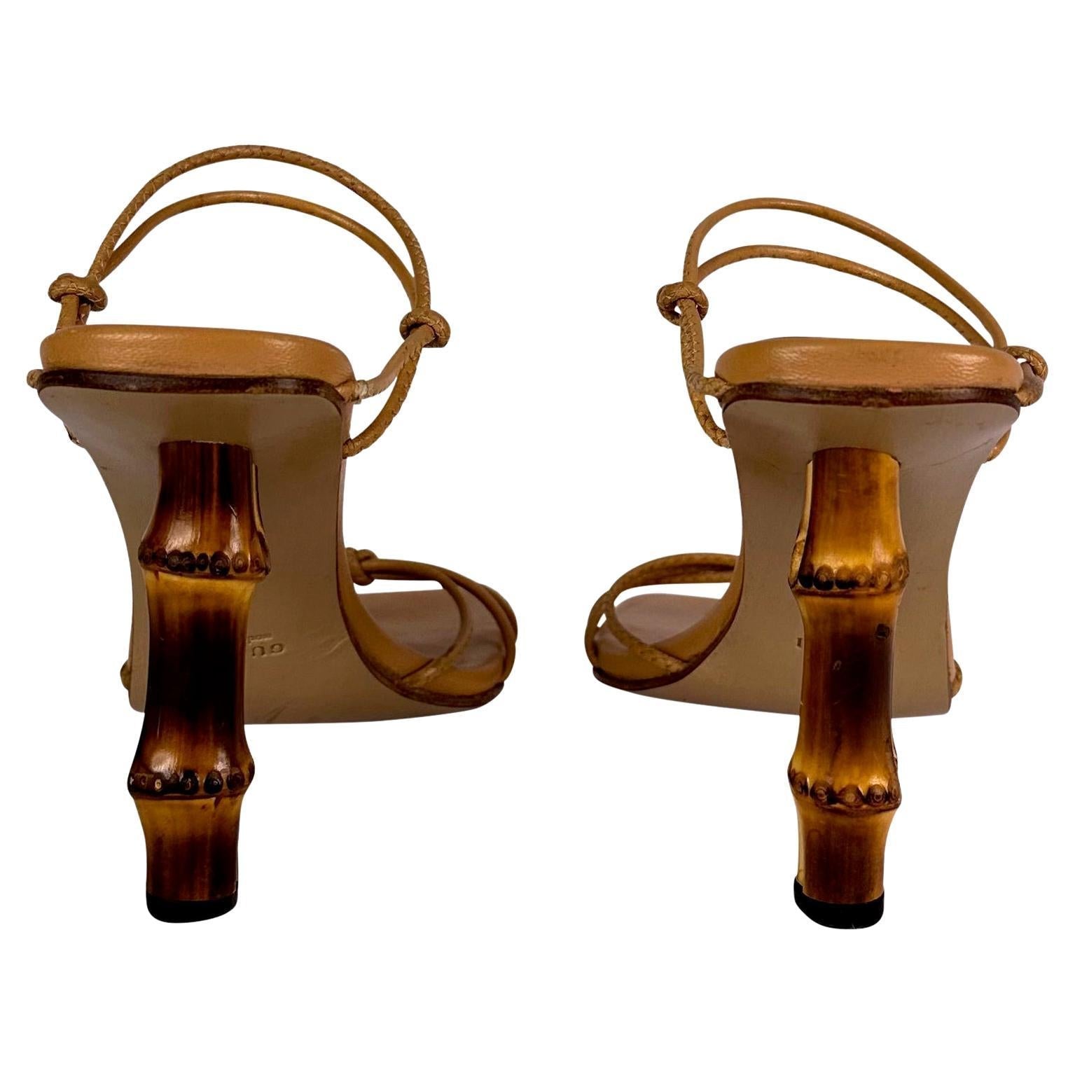 S/S 2003 Gucci by Tom Ford Bamboo Heel Lace Up Sandals Beige Leather 7B - RealList