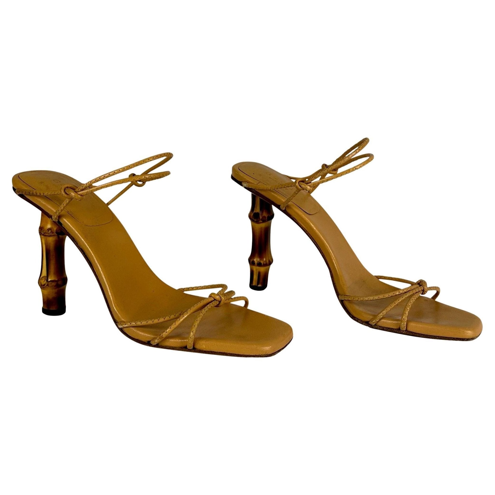 S/S 2003 Gucci by Tom Ford Bamboo Heel Lace Up Sandals Beige Leather 7B - RealList