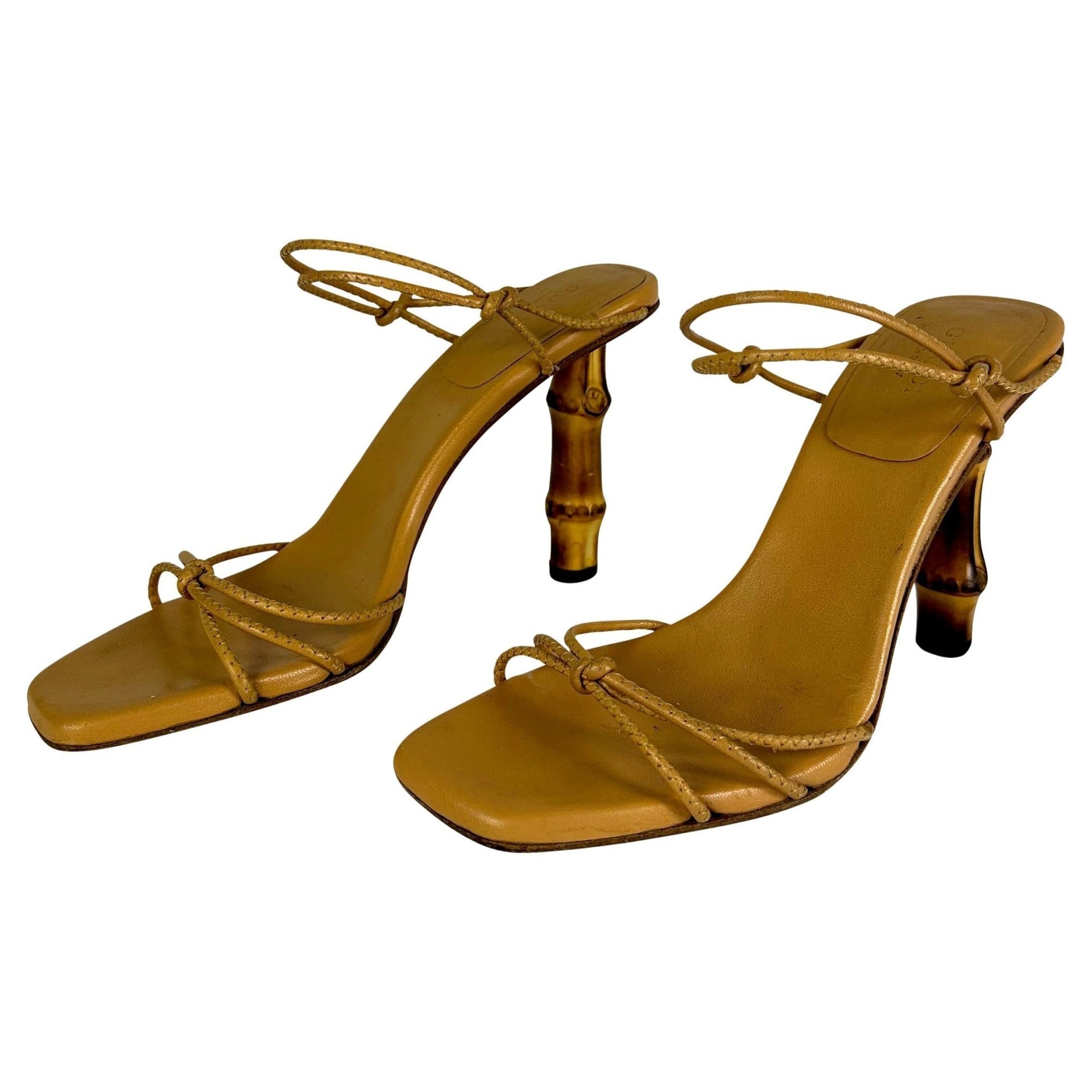 S/S 2003 Gucci by Tom Ford Bamboo Heel Lace Up Sandals Beige Leather 7B - RealList