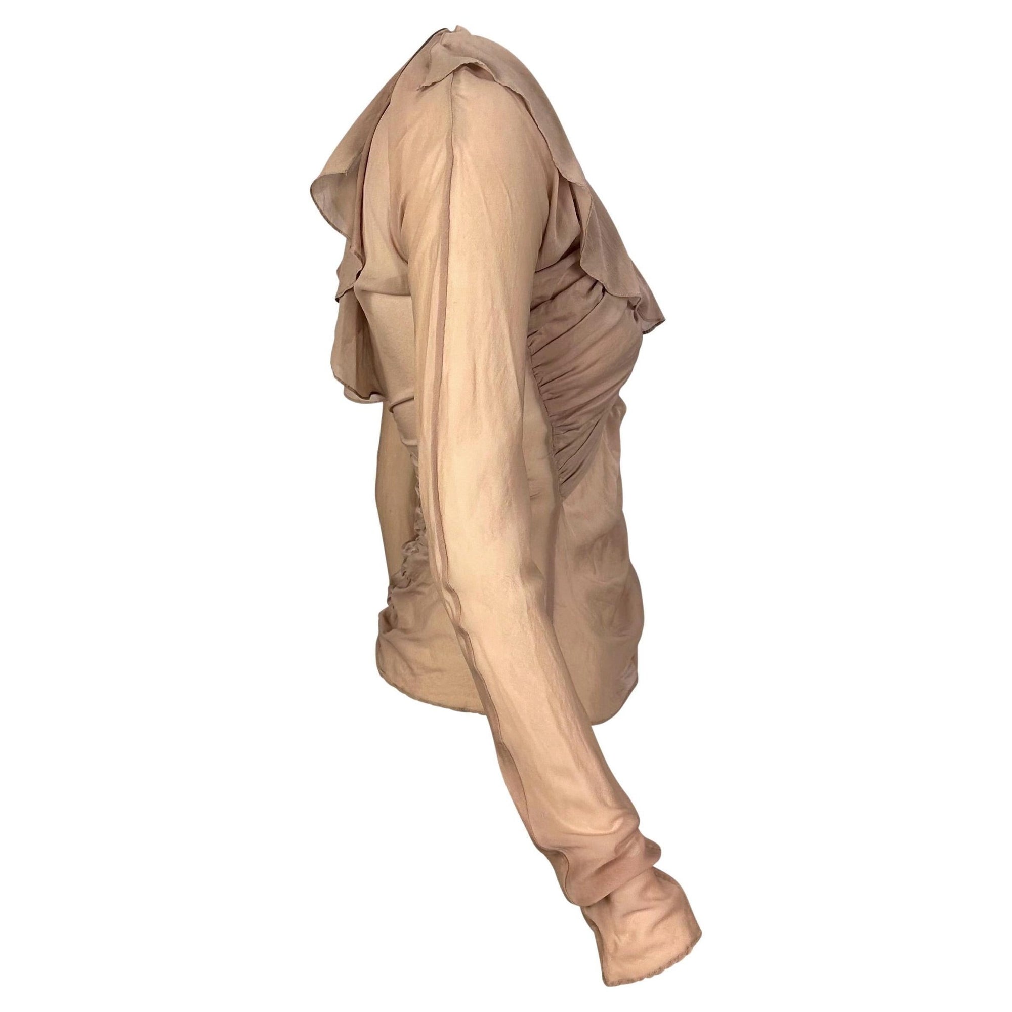 S/S 2003 Gucci by Tom Ford Beige Beige Sheer Longe Sleeve Runway Blouse - RealList