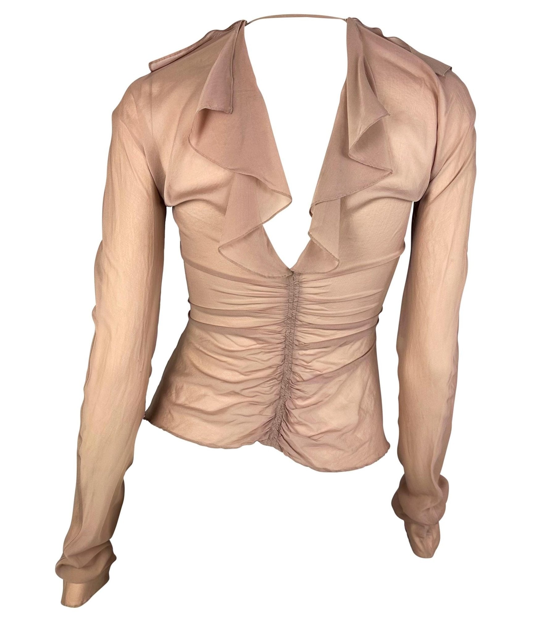 S/S 2003 Gucci by Tom Ford Beige Beige Sheer Longe Sleeve Runway Blouse - RealList