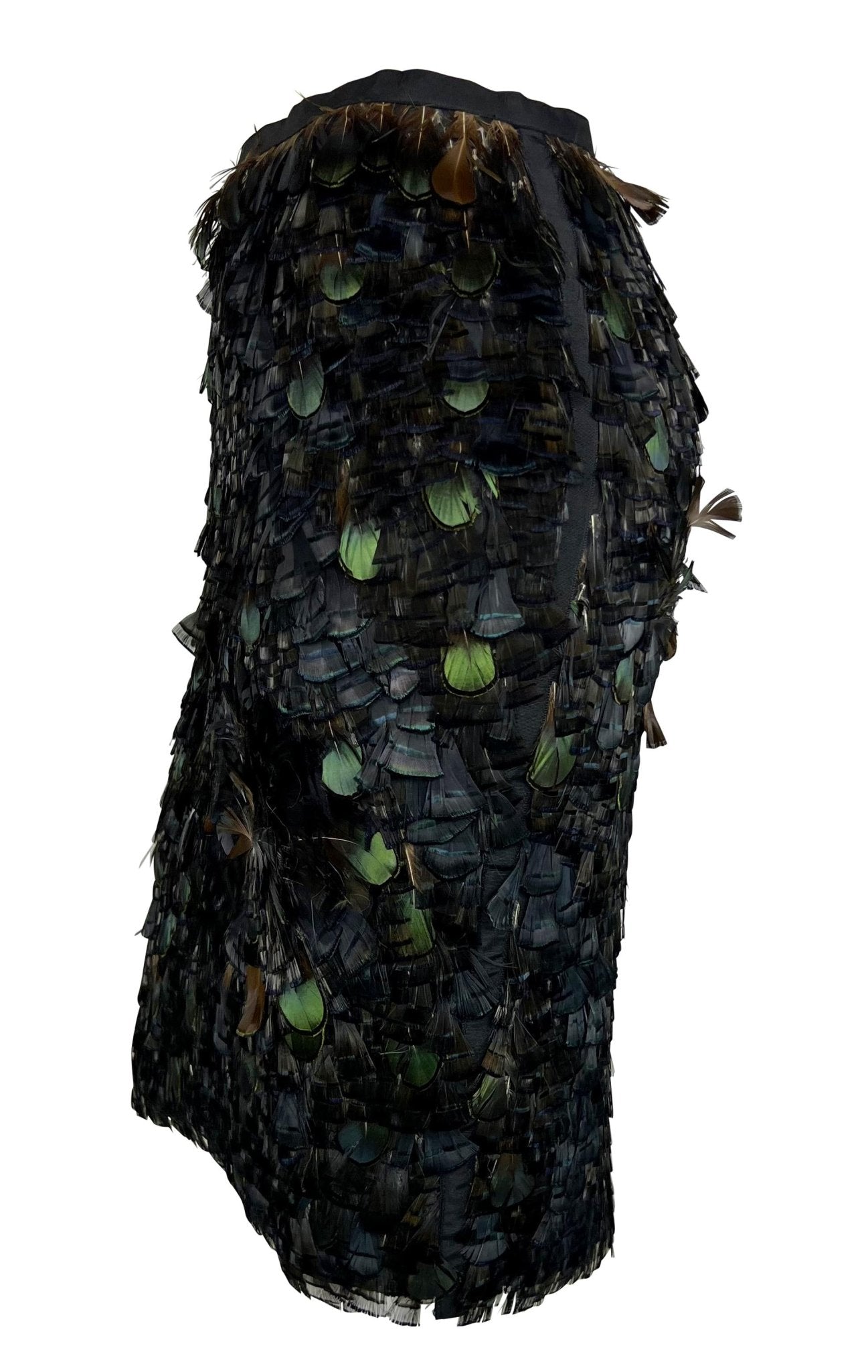S/S 2003 Gucci by Tom Ford Iridescent Green Brown Feather Embellished Silk Skirt - RealList