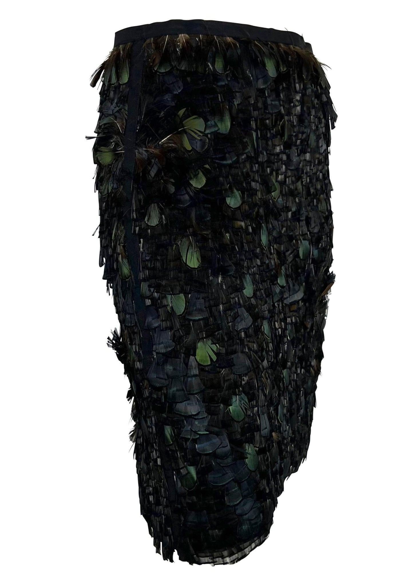 S/S 2003 Gucci by Tom Ford Iridescent Green Brown Feather Embellished Silk Skirt - RealList