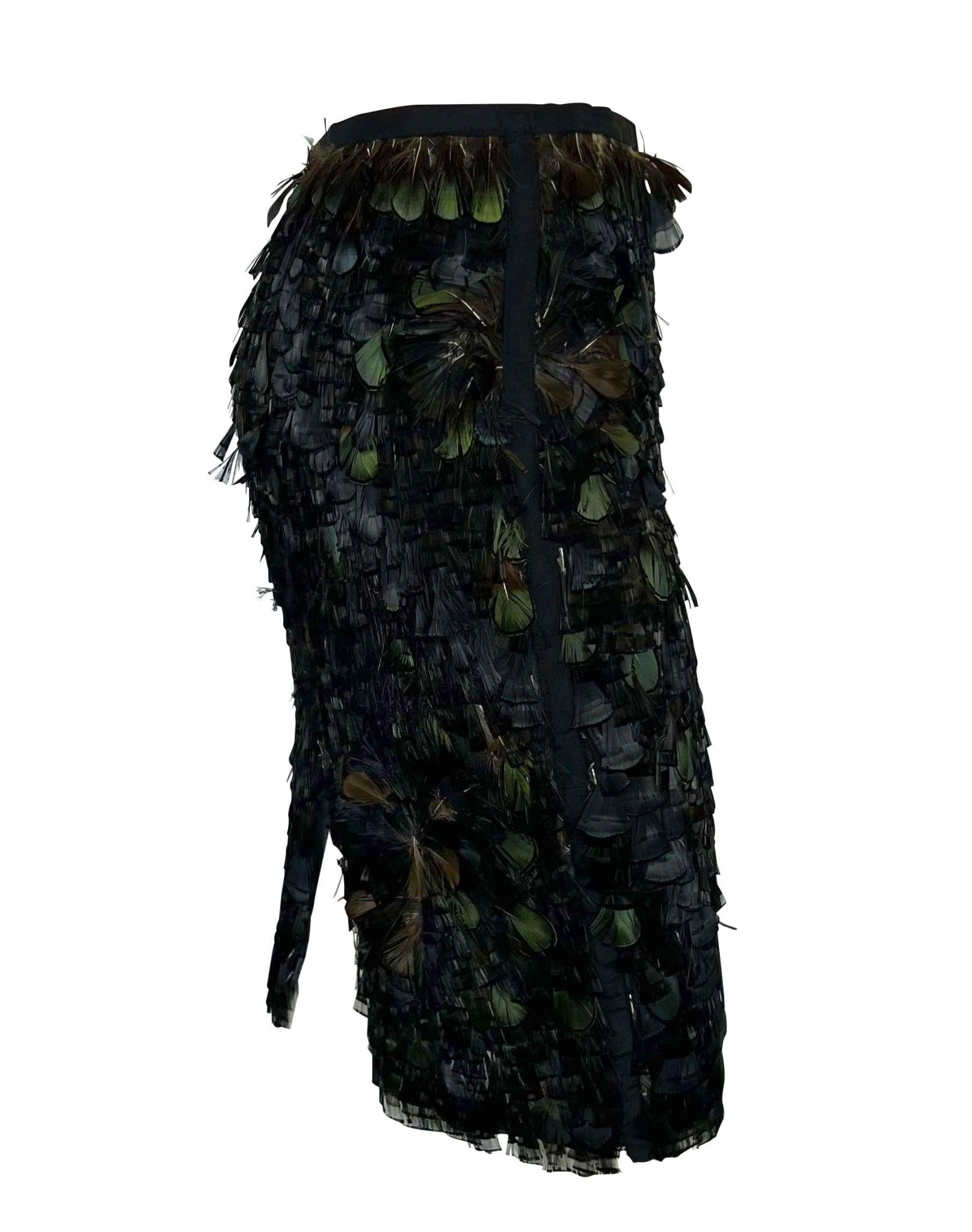 S/S 2003 Gucci by Tom Ford Iridescent Green Brown Feather Embellished Silk Skirt - RealList