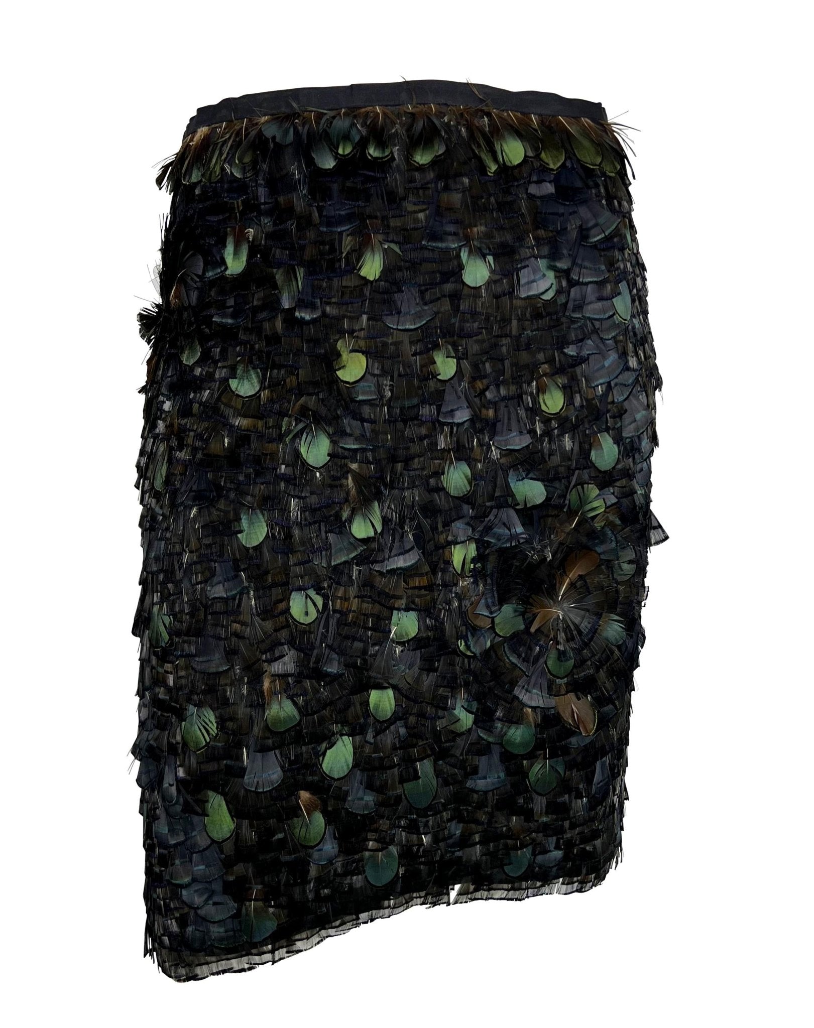 S/S 2003 Gucci by Tom Ford Iridescent Green Brown Feather Embellished Silk Skirt - RealList
