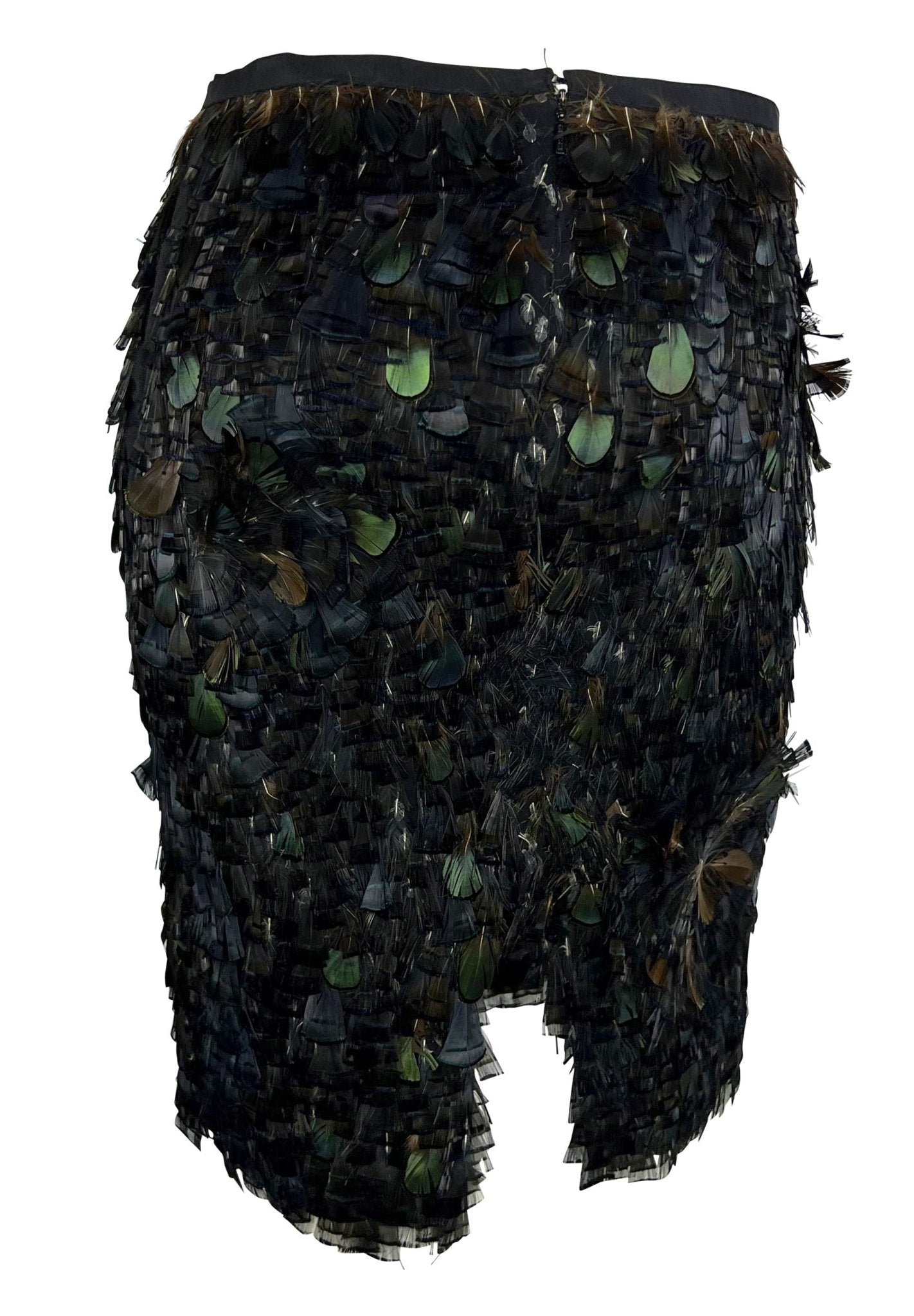 S/S 2003 Gucci by Tom Ford Iridescent Green Brown Feather Embellished Silk Skirt - RealList