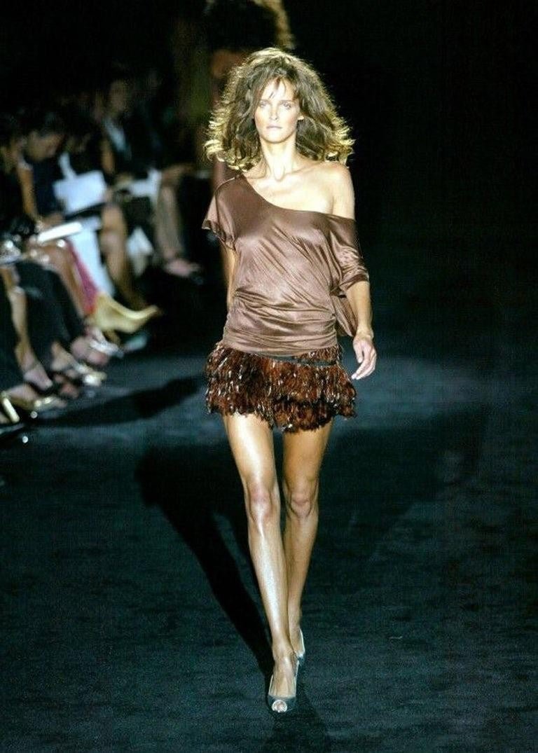 S/S 2003 Gucci by Tom Ford Runway Brown Feather Flare Sheer Silk Skirt - RealList