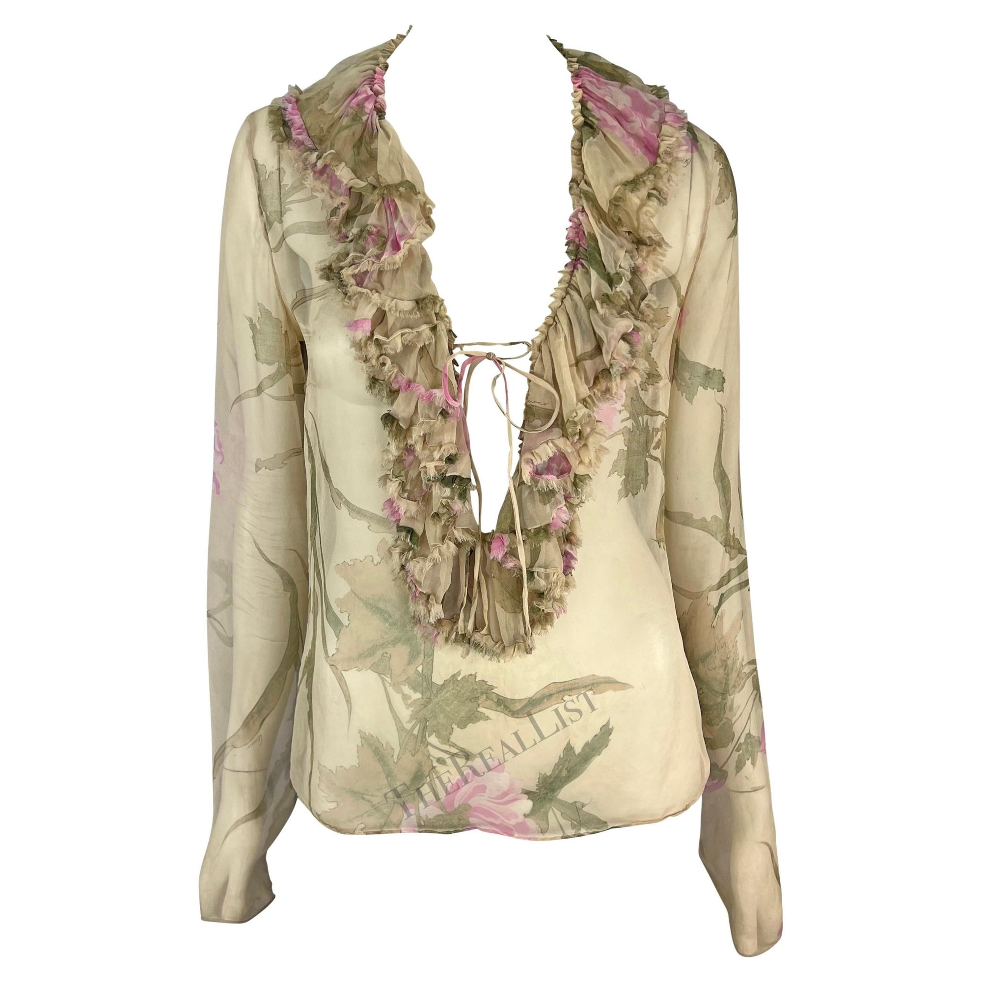 S/S 2003 Gucci by Tom Ford Tan Sheer Floral Ruffle Plunging Blouse - RealList