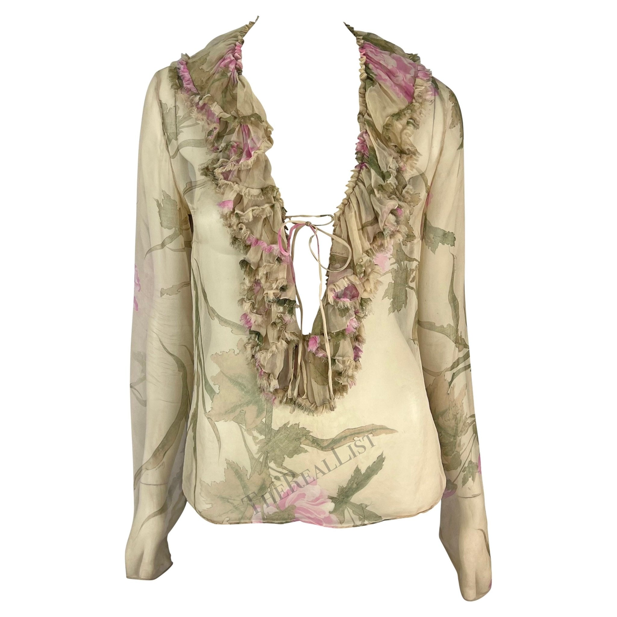 S/S 2003 Gucci by Tom Ford Tan Sheer Floral Ruffle Plunging Blouse - RealList