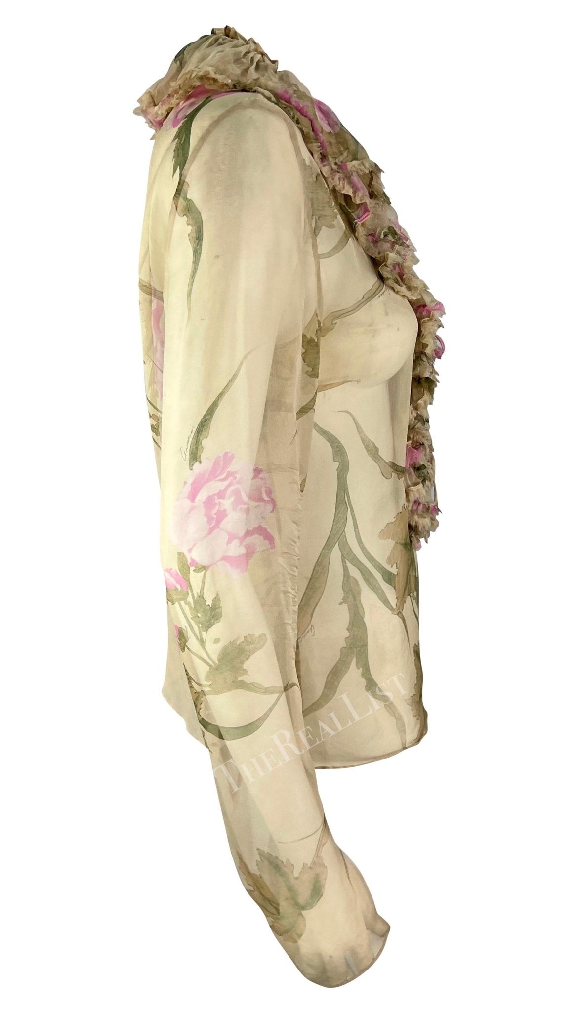 S/S 2003 Gucci by Tom Ford Tan Sheer Floral Ruffle Plunging Blouse - RealList
