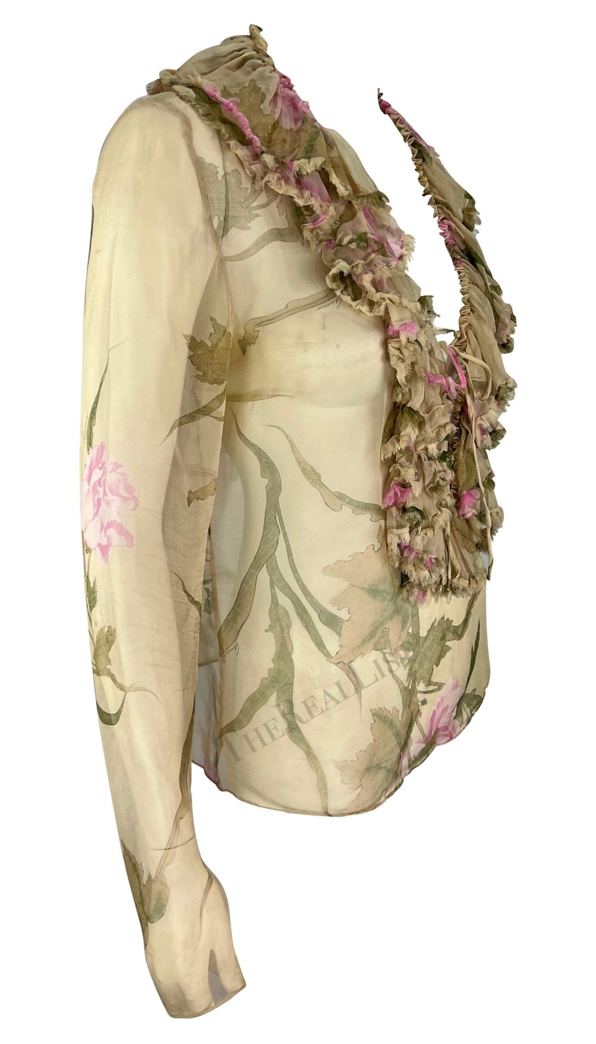 S/S 2003 Gucci by Tom Ford Tan Sheer Floral Ruffle Plunging Blouse - RealList