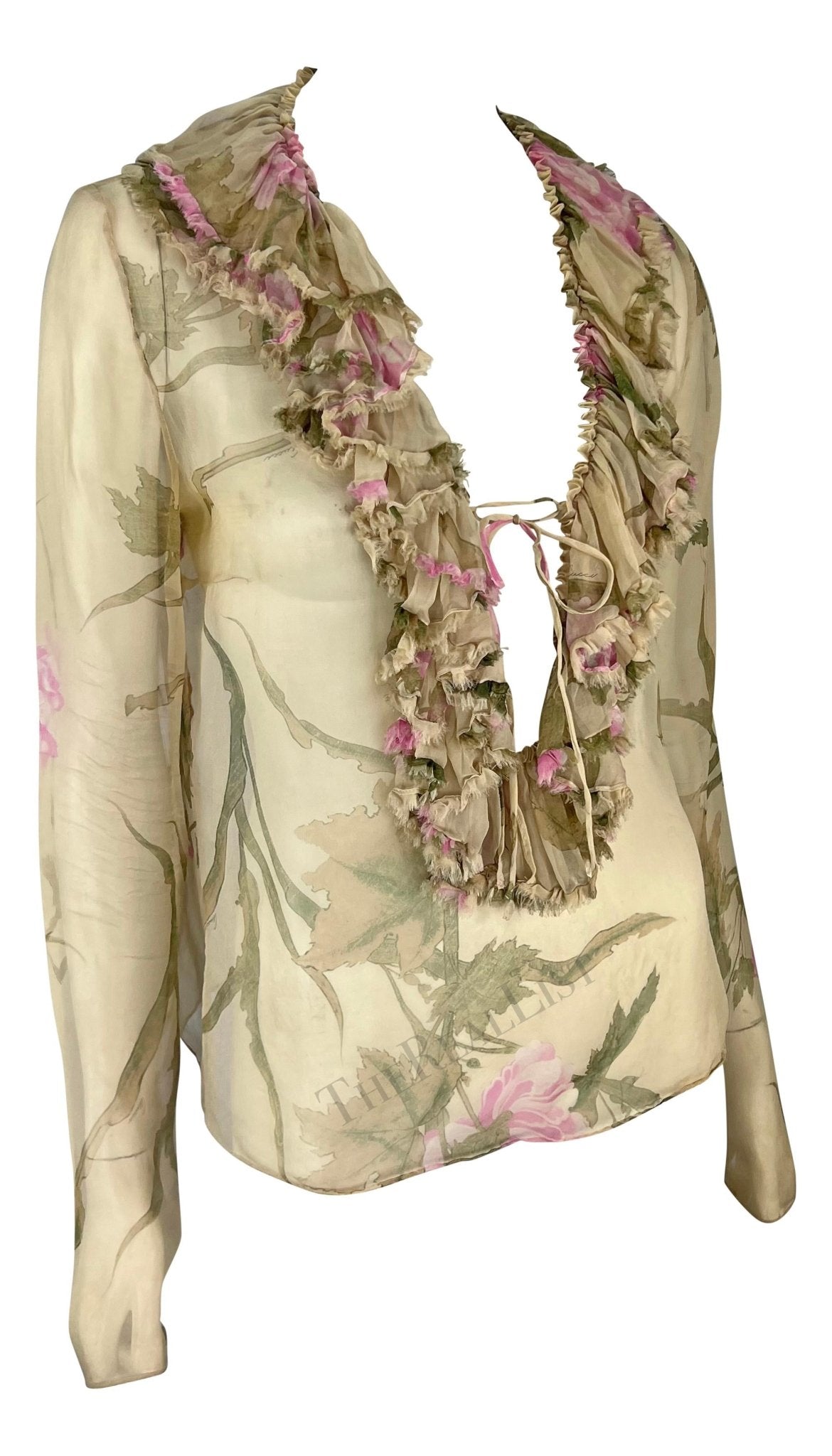S/S 2003 Gucci by Tom Ford Tan Sheer Floral Ruffle Plunging Blouse - RealList