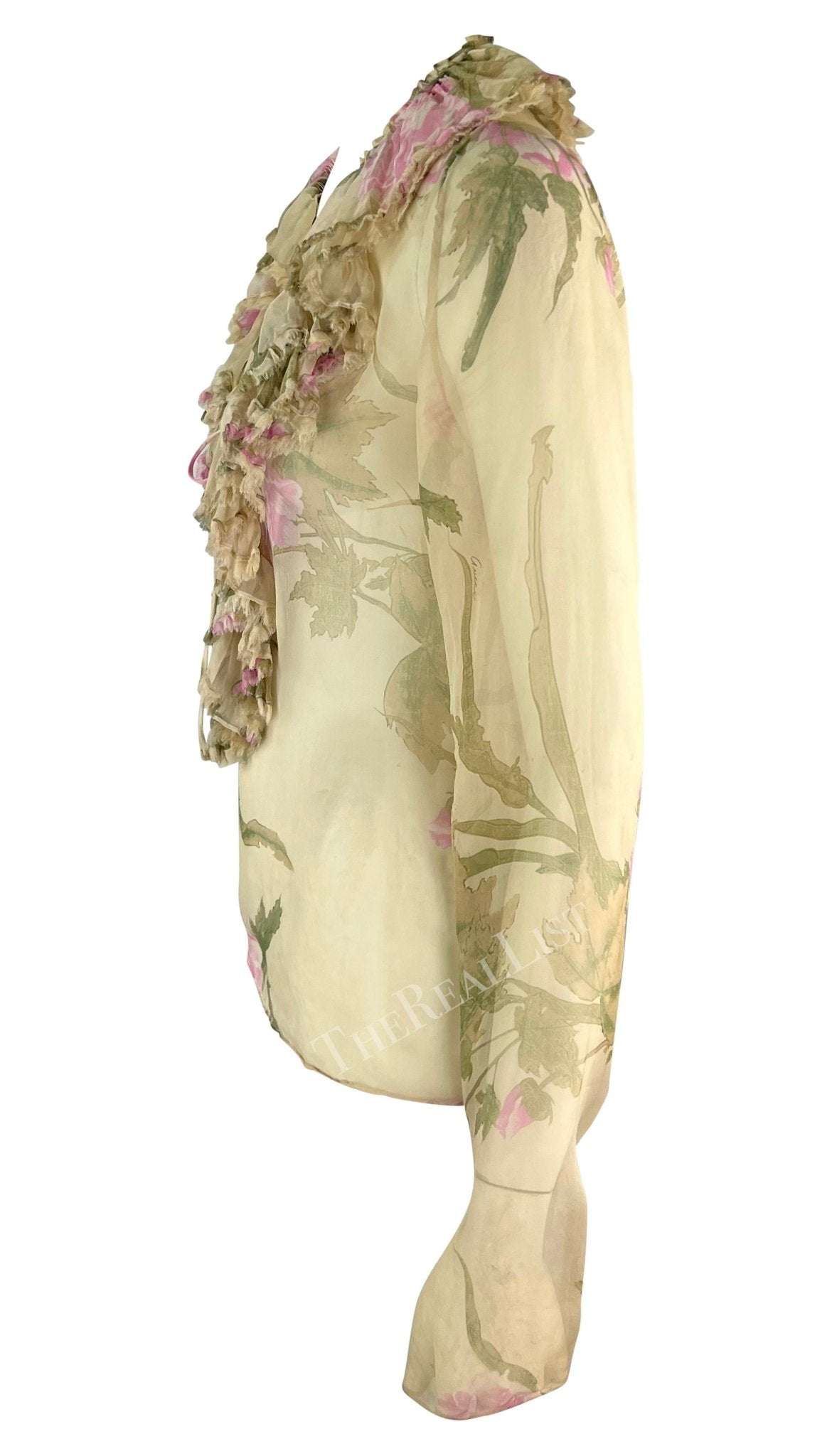 S/S 2003 Gucci by Tom Ford Tan Sheer Floral Ruffle Plunging Blouse - RealList