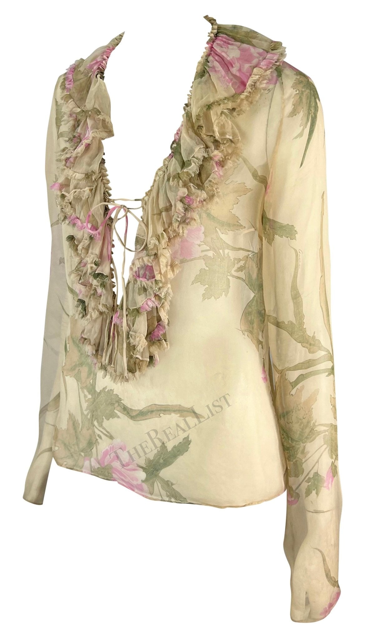 S/S 2003 Gucci by Tom Ford Tan Sheer Floral Ruffle Plunging Blouse - RealList