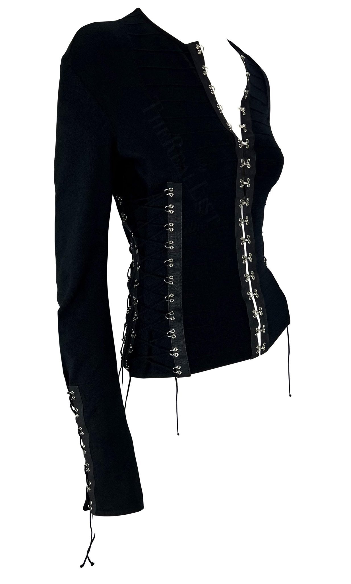 S/S 2003 John Galliano Black Black Knit Hook Lace Up Sweater Top - RealList