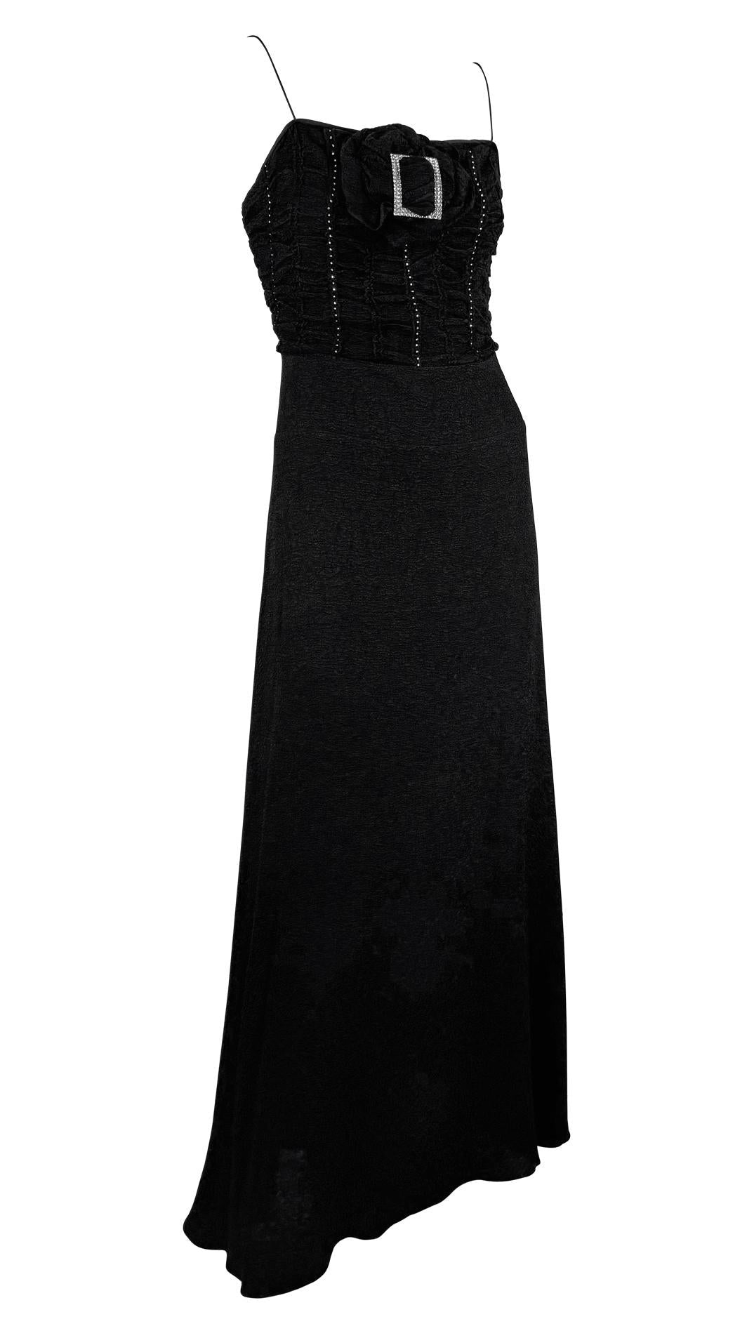 S/S 2003 John Galliano Rhinestone Buckle Black Floral Ruffle Slip Gown - RealList