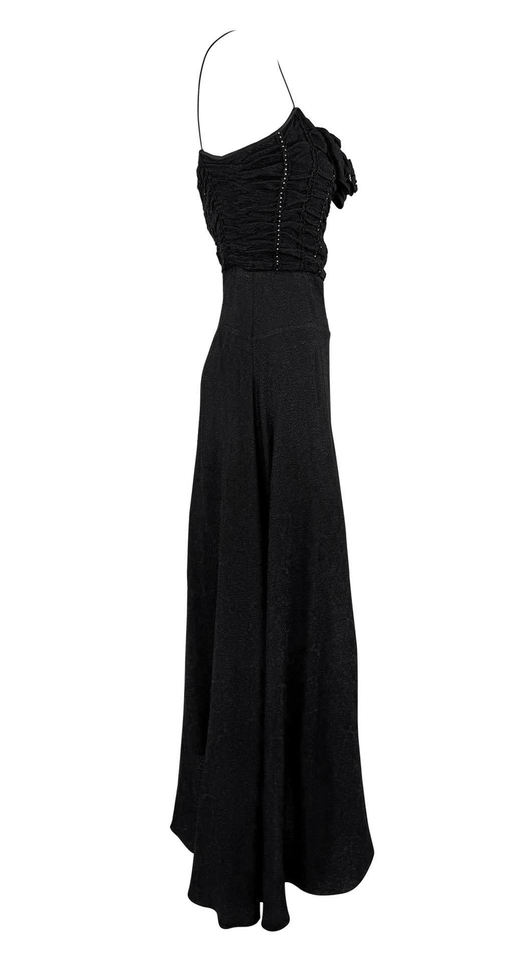 S/S 2003 John Galliano Rhinestone Buckle Black Floral Ruffle Slip Gown - RealList