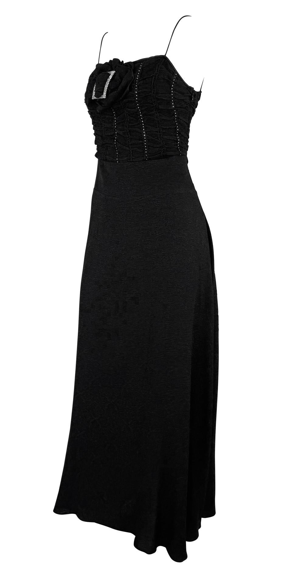 S/S 2003 John Galliano Rhinestone Buckle Black Floral Ruffle Slip Gown - RealList