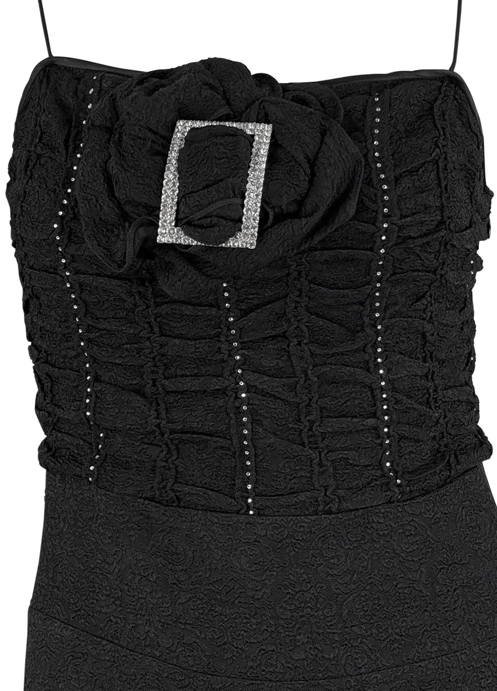 S/S 2003 John Galliano Rhinestone Buckle Black Floral Ruffle Slip Gown - RealList