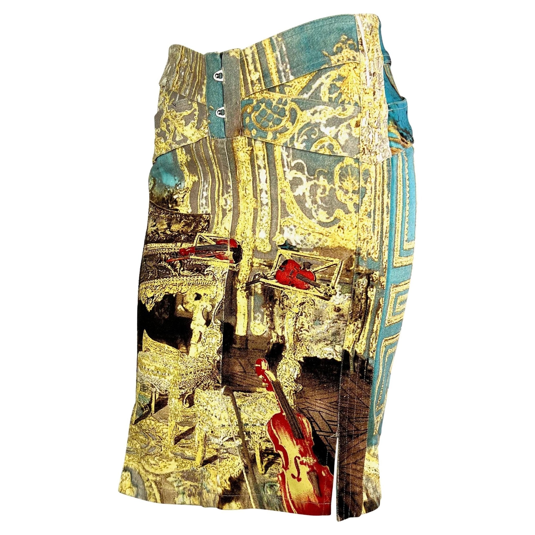 S/S 2003 Roberto Cavalli Baroque Printed Denim Corset Lace Up Skirt - RealList