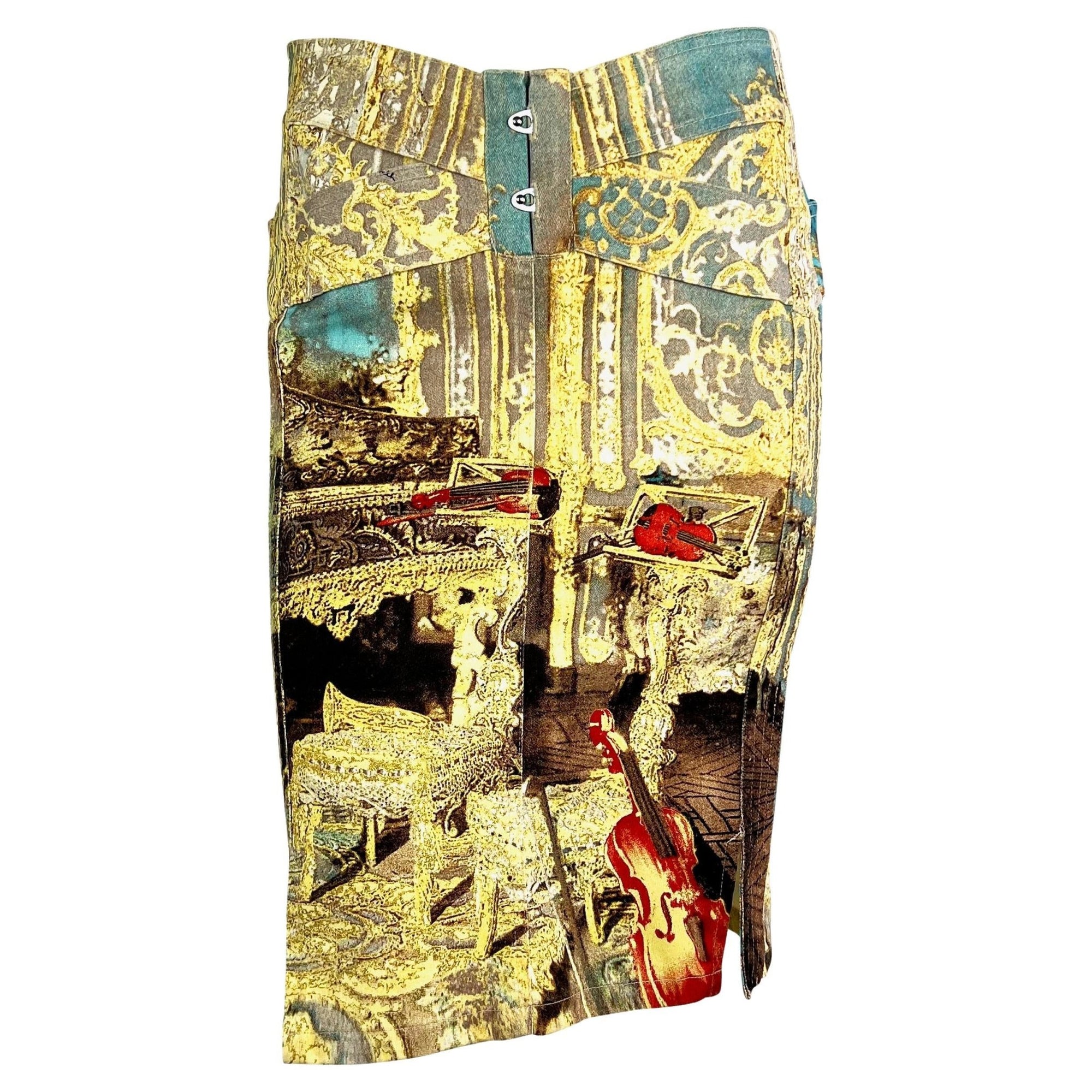 S/S 2003 Roberto Cavalli Baroque Printed Denim Corset Lace Up Skirt - RealList