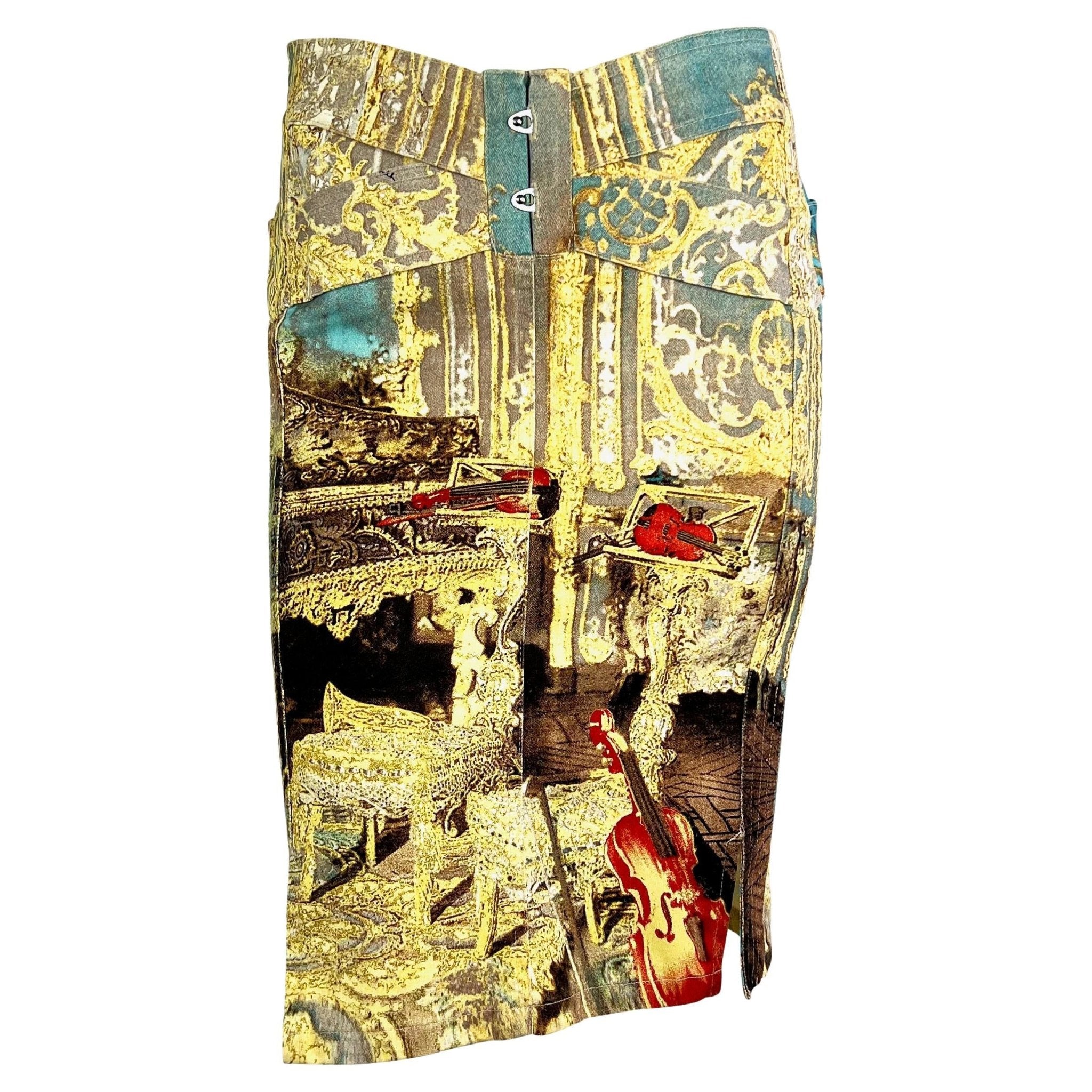 S/S 2003 Roberto Cavalli Baroque Printed Denim Corset Lace Up Skirt - RealList