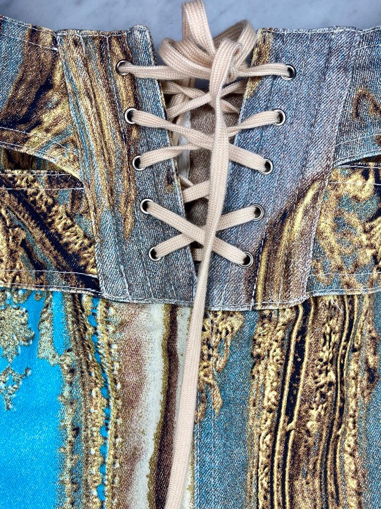 S/S 2003 Roberto Cavalli Baroque Printed Denim Corset Lace Up Skirt - RealList