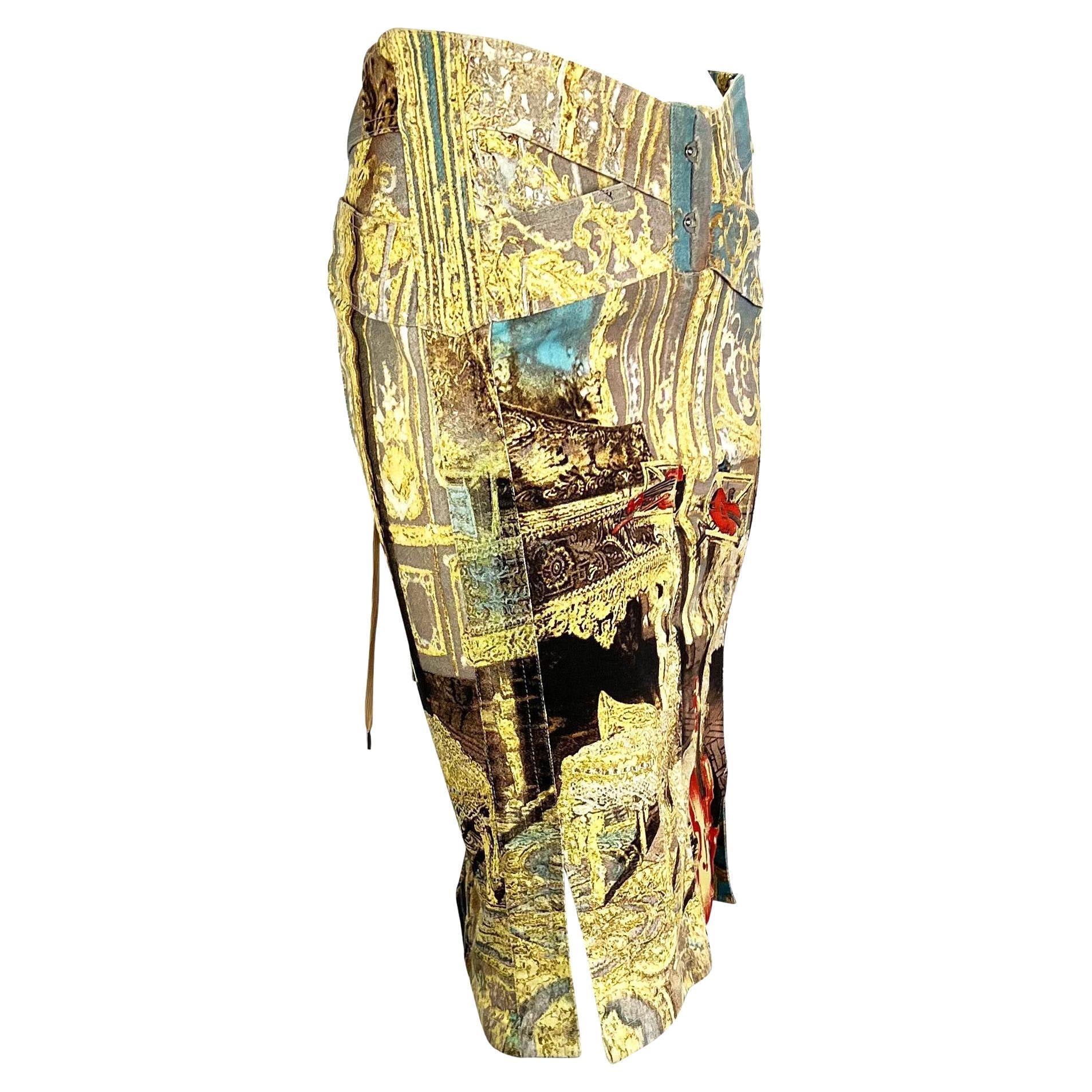 S/S 2003 Roberto Cavalli Baroque Printed Denim Corset Lace Up Skirt - RealList