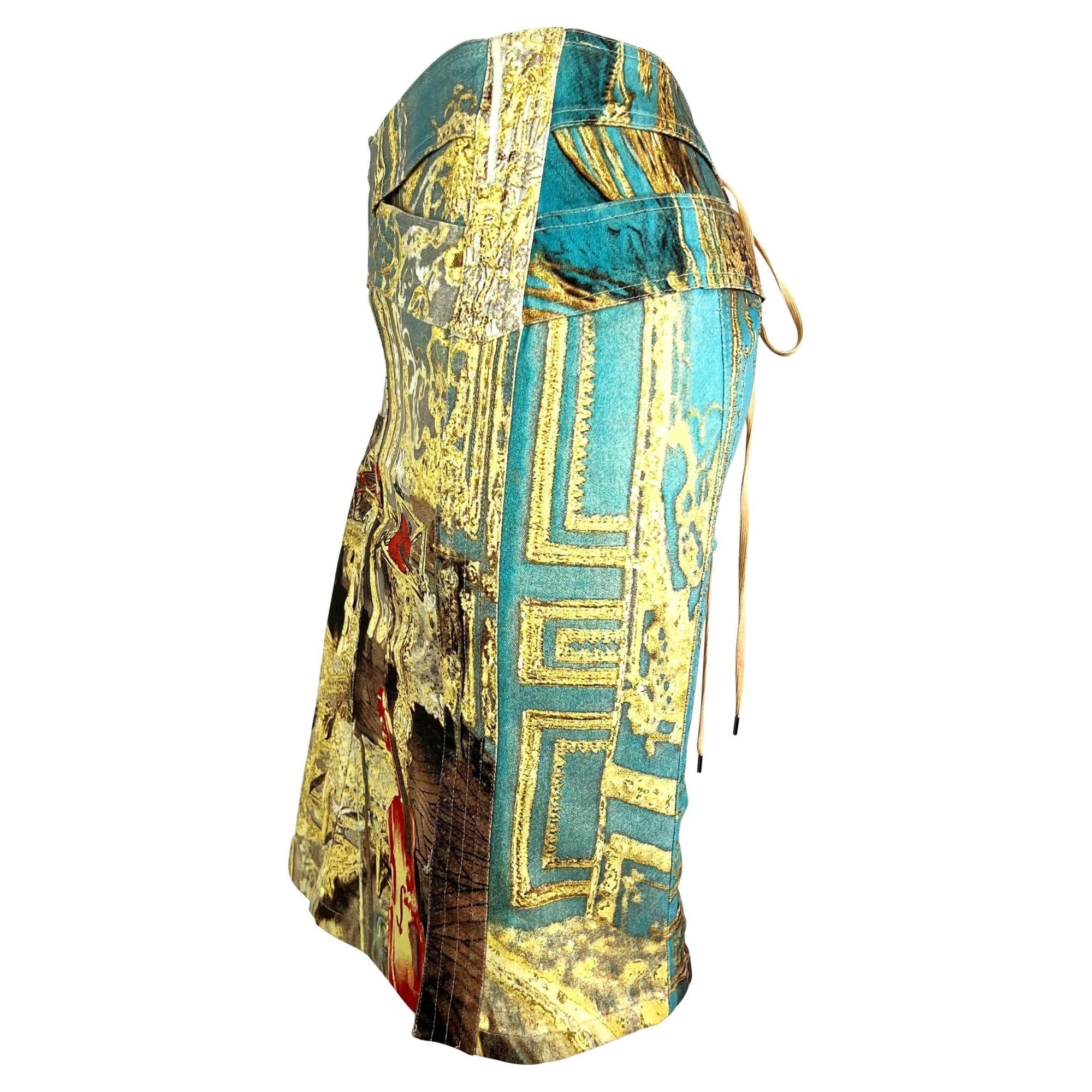 S/S 2003 Roberto Cavalli Baroque Printed Denim Corset Lace Up Skirt - RealList