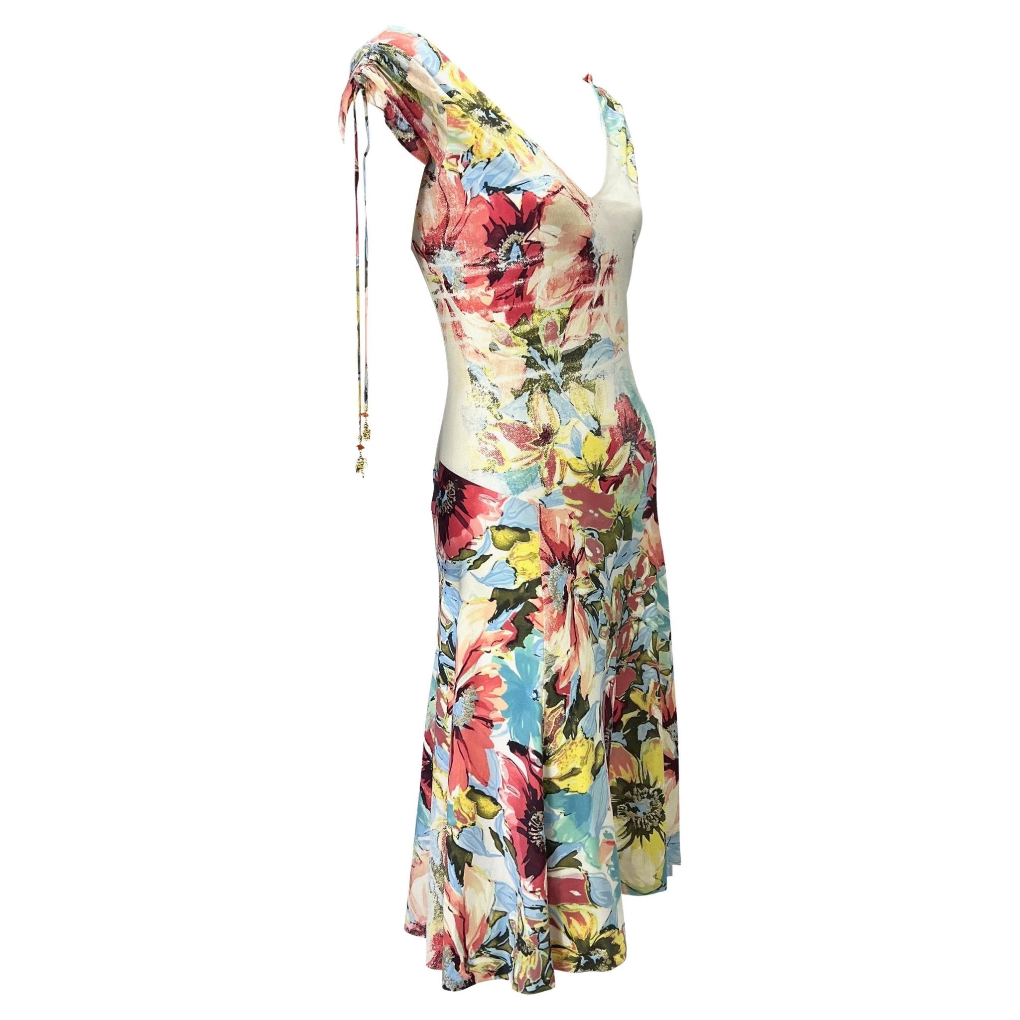 S/S 2003 Roberto Cavalli Floral Abstract Watercolor Viscose Stretch Charm Dress - RealList