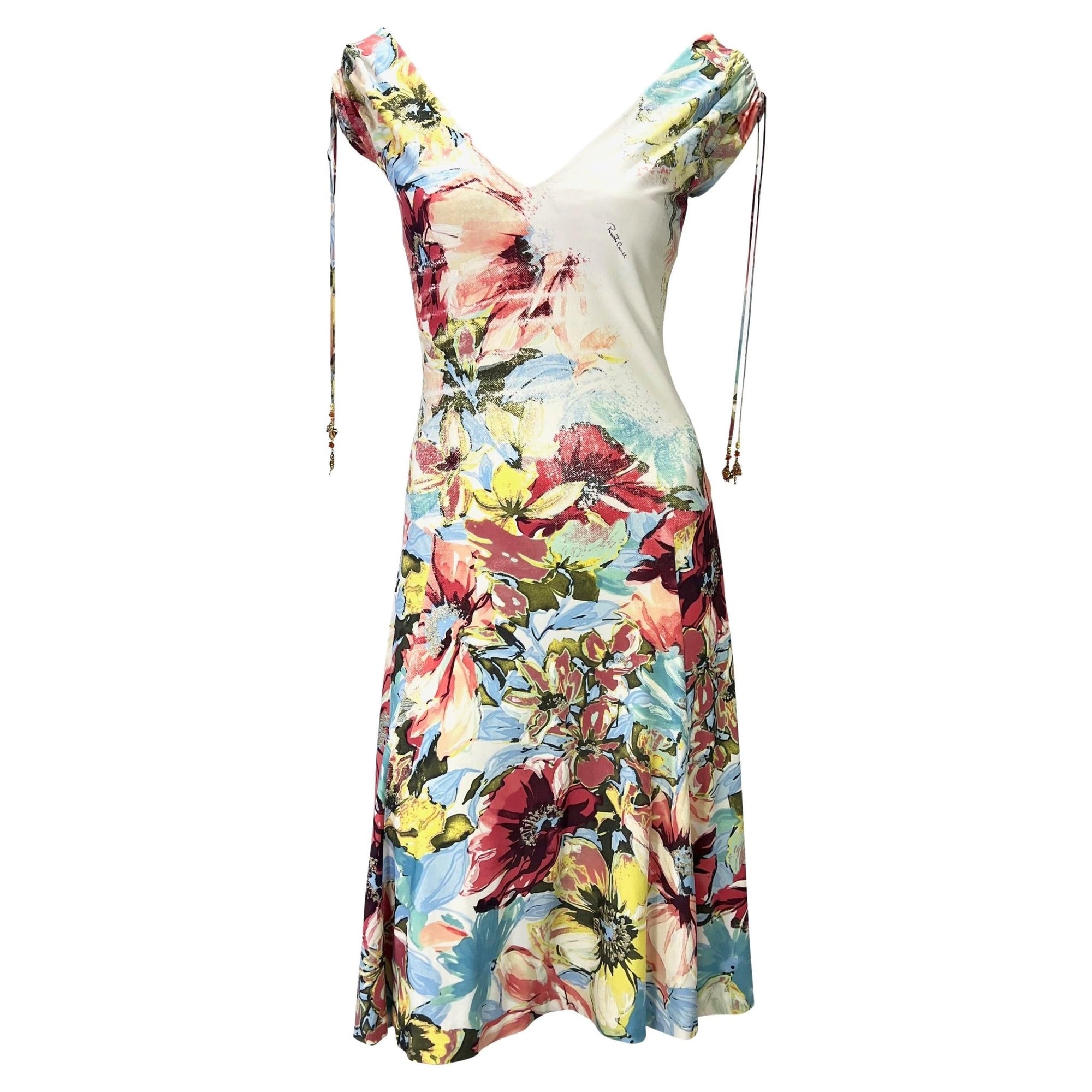 S/S 2003 Roberto Cavalli Floral Abstract Watercolor Viscose Stretch Charm Dress - RealList