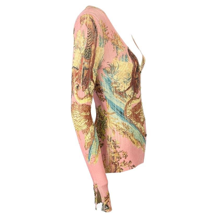 S/S 2003 Roberto Cavalli Pink Chinoiserie Printed Stretch Cardigan Sheer Top - RealList