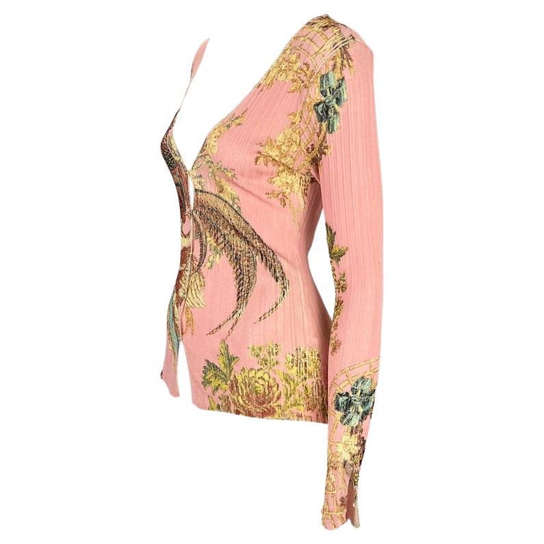 S/S 2003 Roberto Cavalli Pink Chinoiserie Printed Stretch Cardigan Sheer Top - RealList