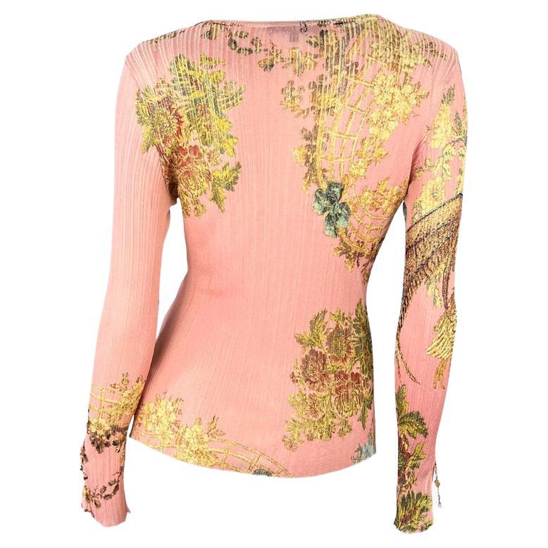 S/S 2003 Roberto Cavalli Pink Chinoiserie Printed Stretch Cardigan Sheer Top - RealList
