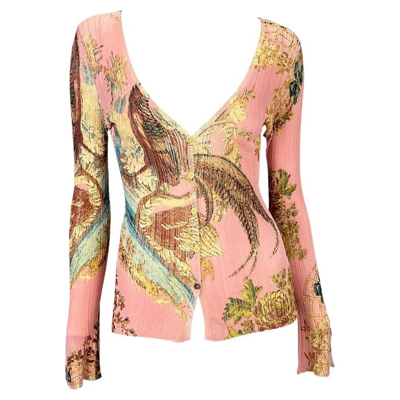 S/S 2003 Roberto Cavalli Pink Chinoiserie Printed Stretch Cardigan Sheer Top - RealList
