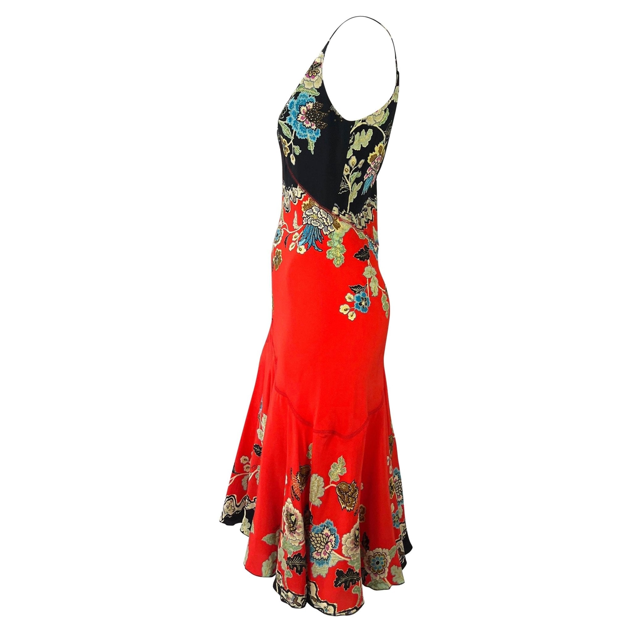 S/S 2003 Roberto Cavalli Red Chinoiserie Print Silk Slip Dress - RealList