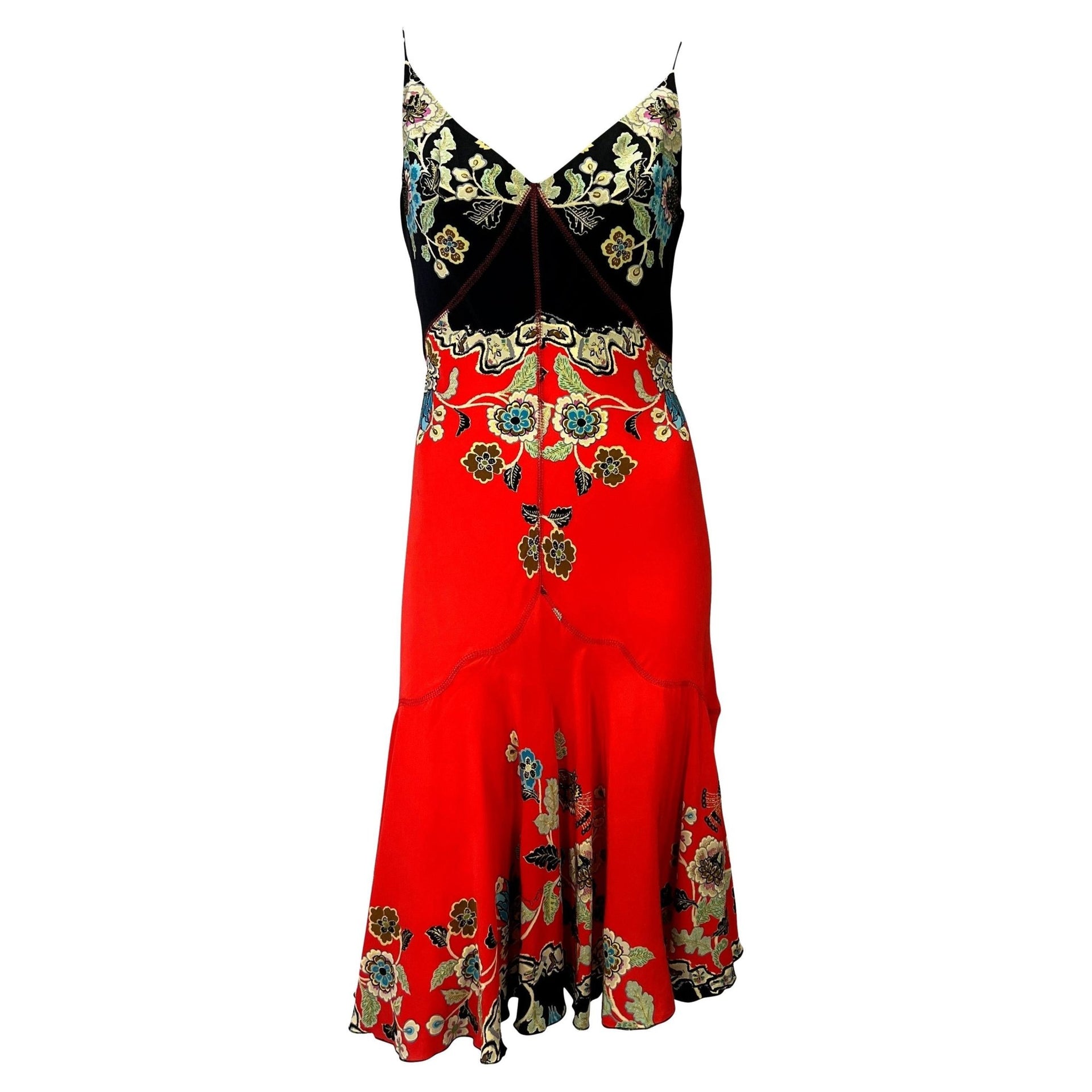 S/S 2003 Roberto Cavalli Red Chinoiserie Print Silk Slip Dress - RealList
