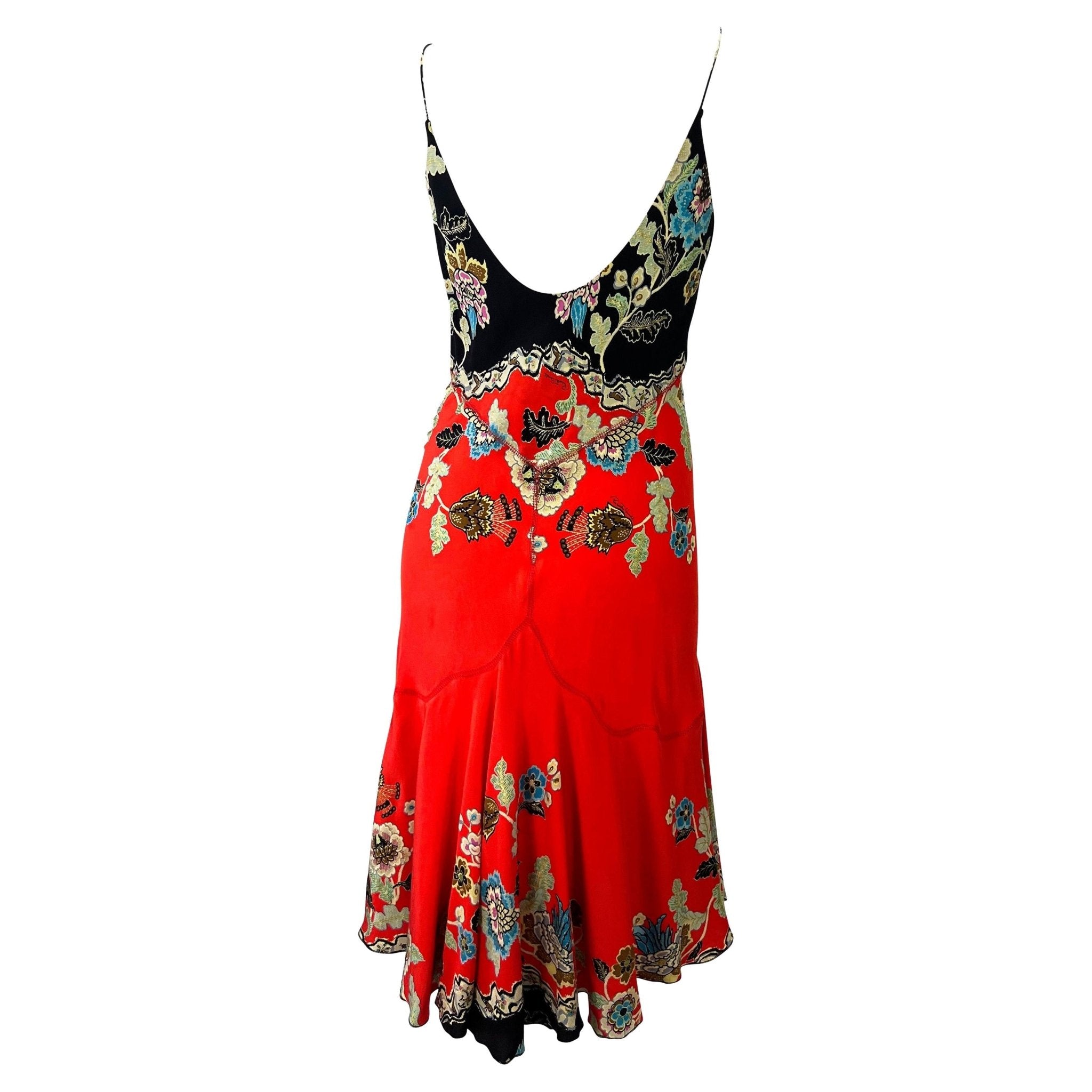 S/S 2003 Roberto Cavalli Red Chinoiserie Print Silk Slip Dress - RealList