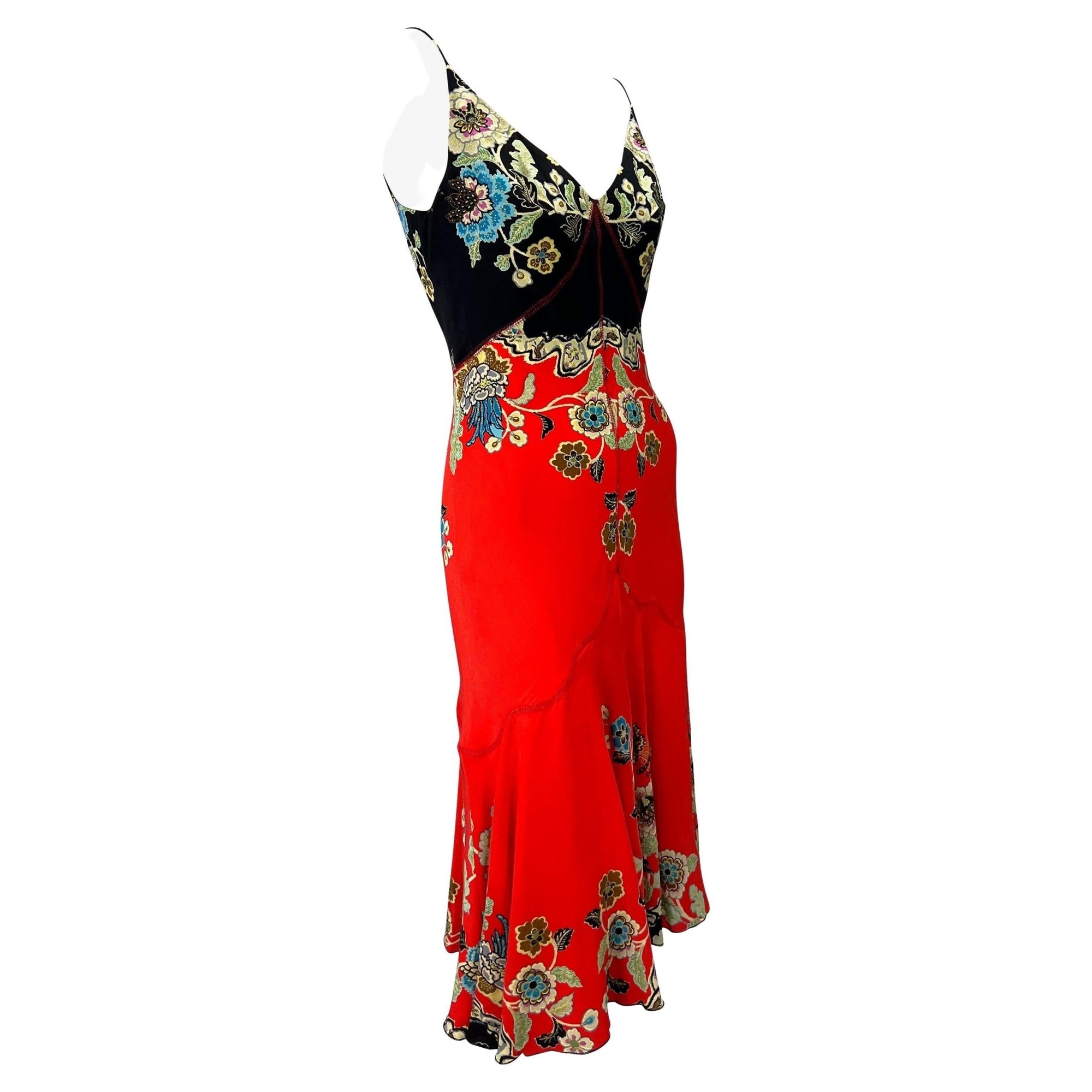 S/S 2003 Roberto Cavalli Red Chinoiserie Print Silk Slip Dress - RealList