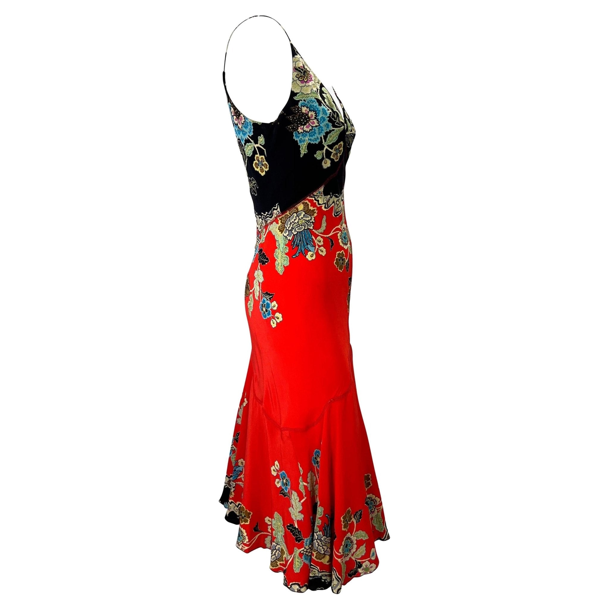 S/S 2003 Roberto Cavalli Red Chinoiserie Print Silk Slip Dress - RealList