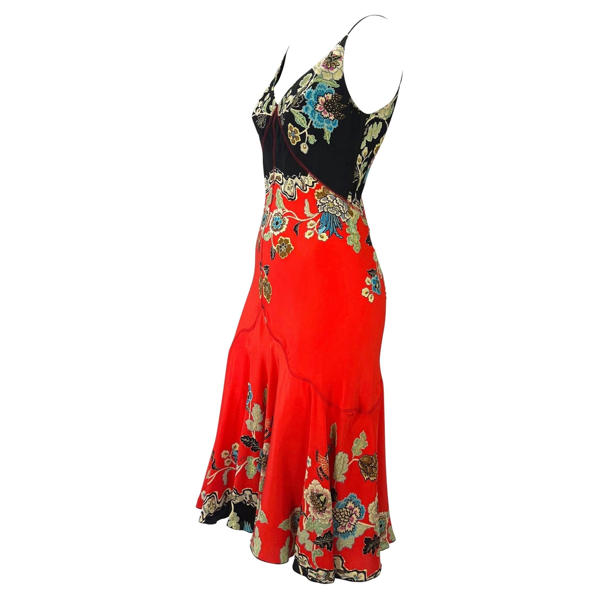 S/S 2003 Roberto Cavalli Red Chinoiserie Print Silk Slip Dress - RealList