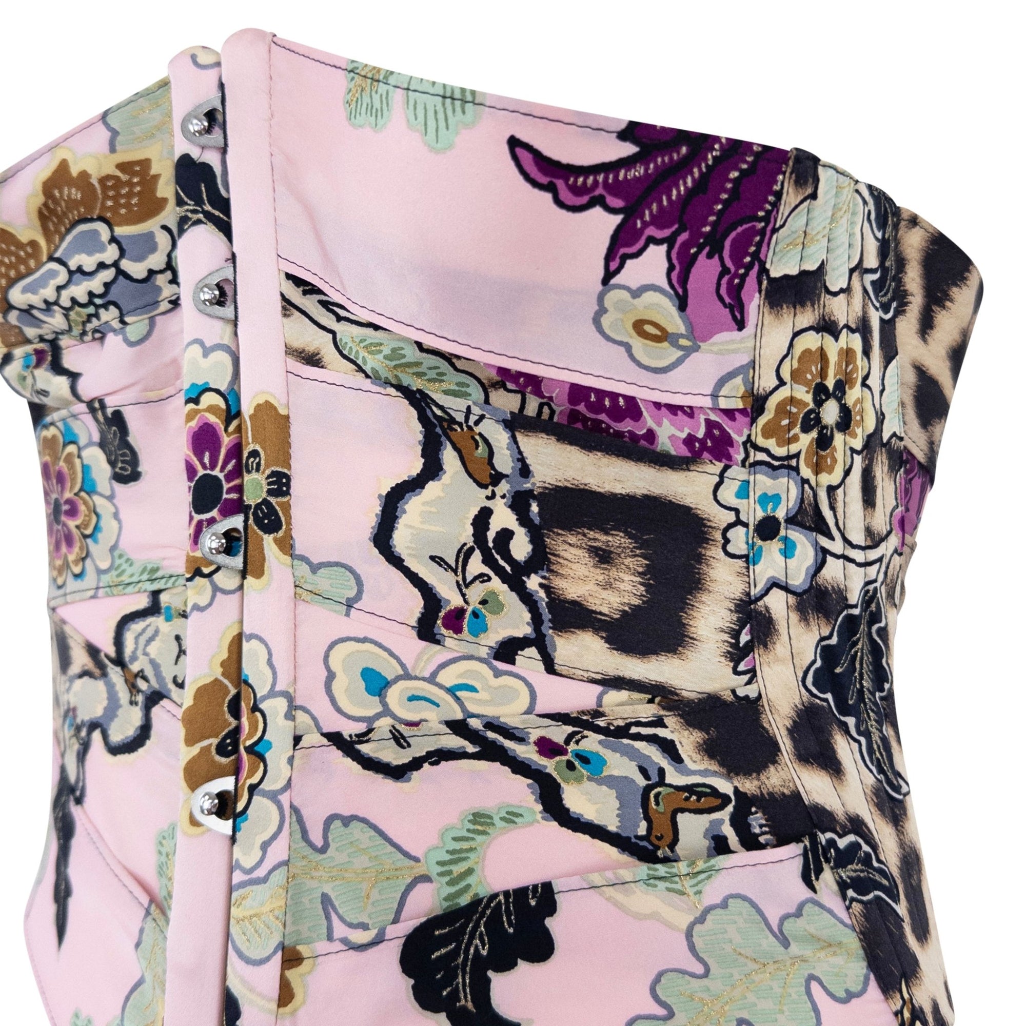 S/S 2003 Roberto Cavalli Runway Pink Chinoiserie Print Satin Corset Top - RealList