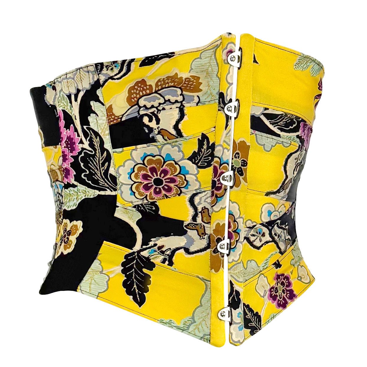 S/S 2003 Roberto Cavalli Runway Yellow Chinoiserie Print Satin Corset Top - RealList