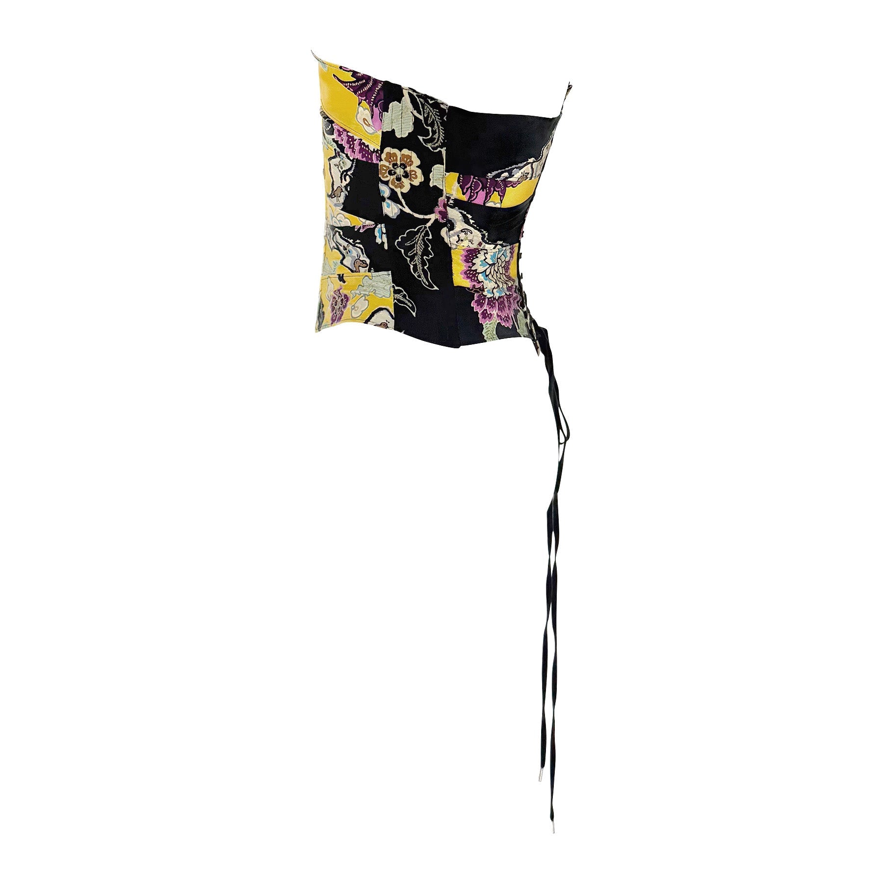 S/S 2003 Roberto Cavalli Runway Yellow Chinoiserie Print Satin Corset Top - RealList