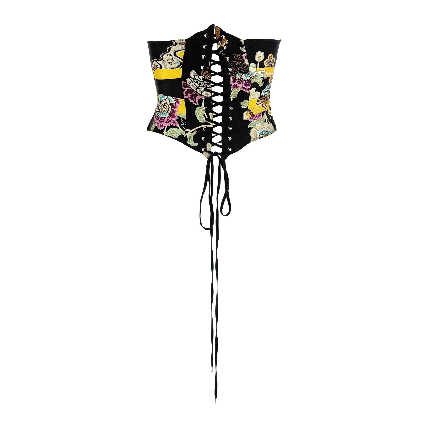 S/S 2003 Roberto Cavalli Runway Yellow Chinoiserie Print Satin Corset Top - RealList