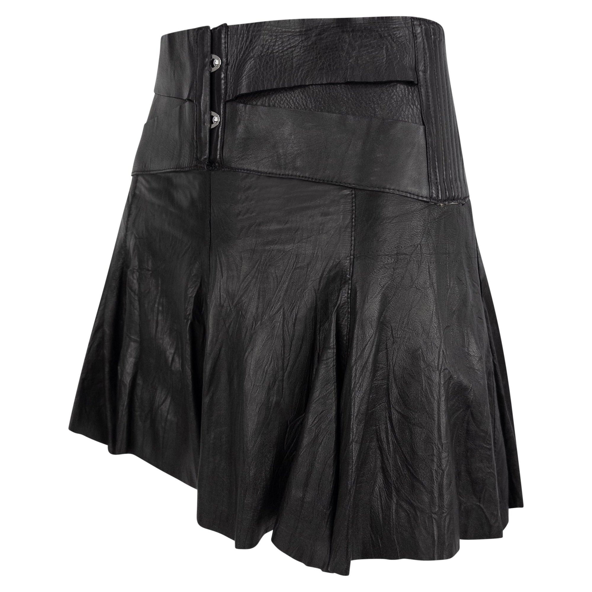 S/S 2003 Roberto Cavalli Wrinkled Black Leather Corset Detail Bandage Flare Mini Skirt - RealList